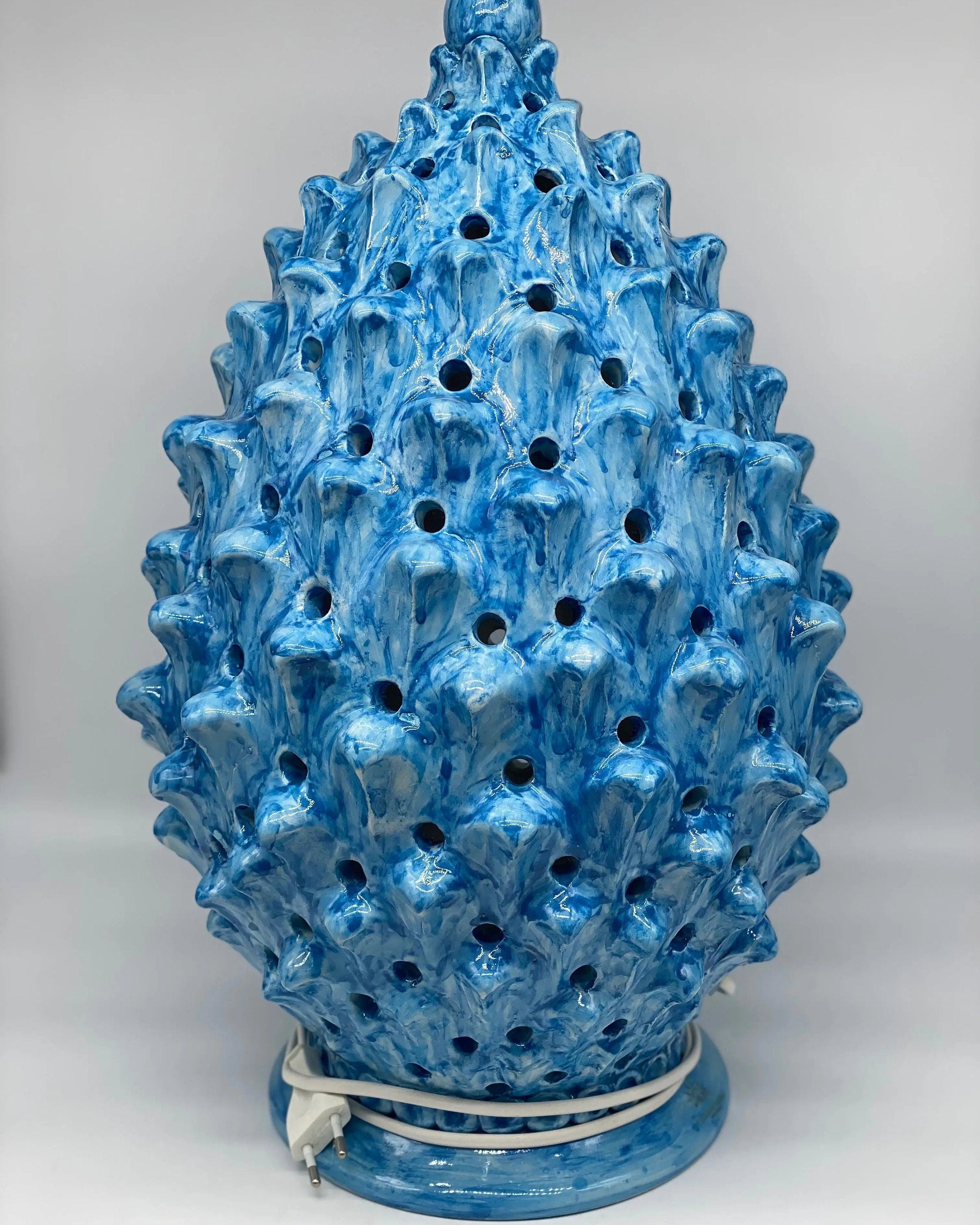 Lampada Pigna traforata Ceramica Caltagirone cm H.47 L.30 Artigianale Blu antico DD CERAMICHE SICILIANE