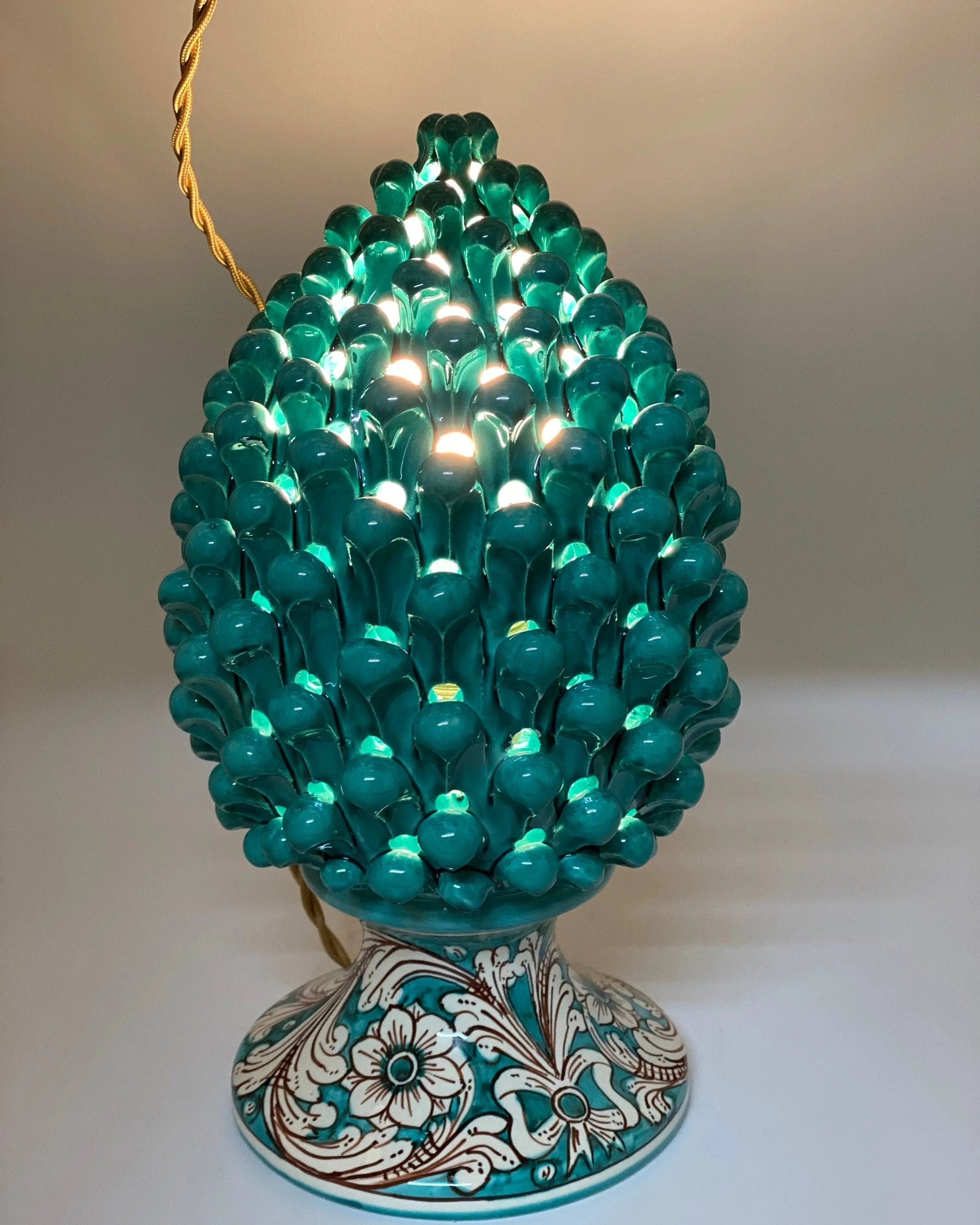 Lampada Pigna traforata Ceramica Caltagirone cm H.30 L.20 Artigianale Verde Base Decorata DD CERAMICHE SICILIANE