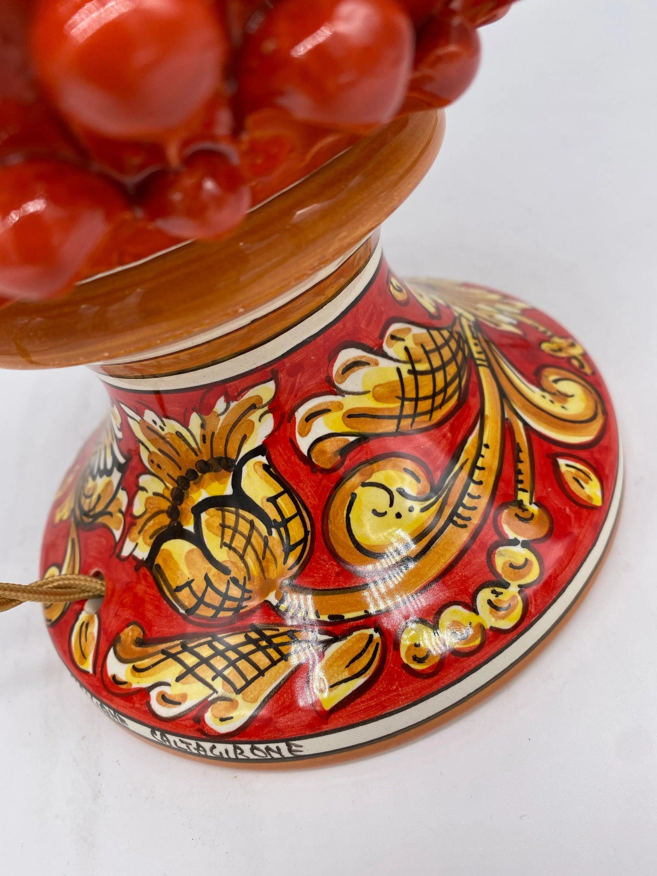 Lampada Pigna traforata Ceramica Caltagirone cm H.30 L.20 Artigianale Rosso Base Decorata DD CERAMICHE SICILIANE