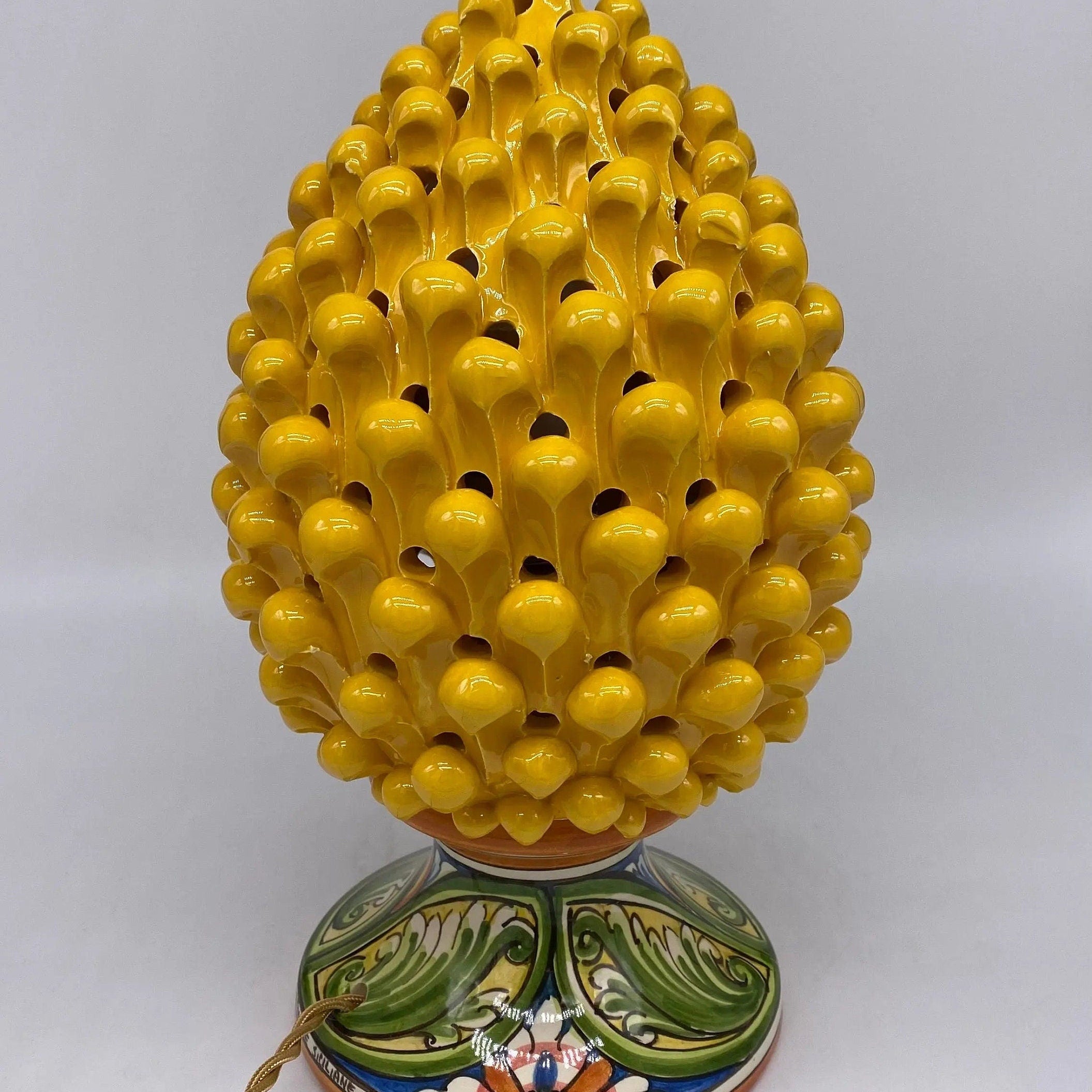 Lampada Pigna traforata Ceramica Caltagirone cm H.30 L.20 Artigianale Giallo Base Decorata DD CERAMICHE SICILIANE