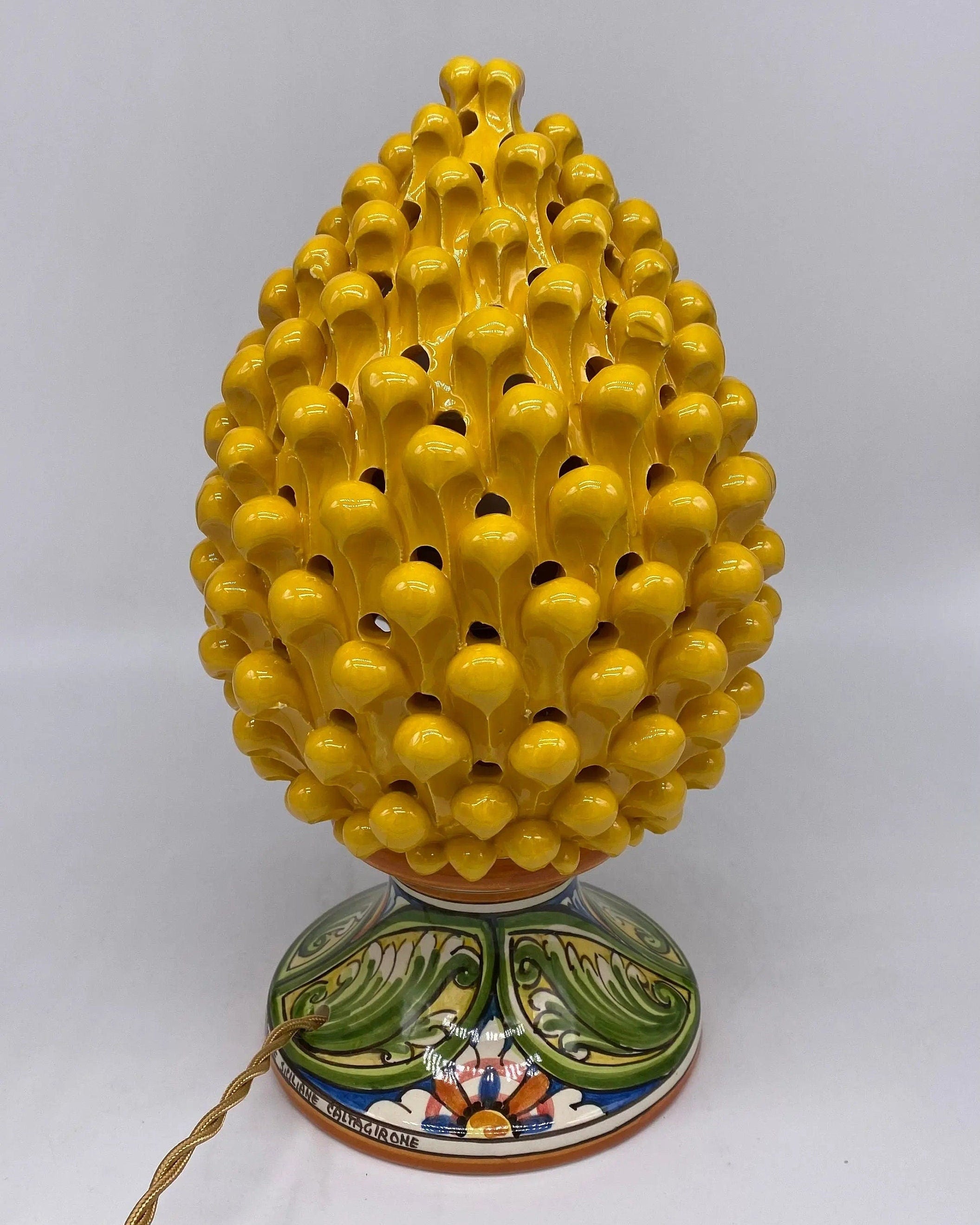 Lampada Pigna traforata Ceramica Caltagirone cm H.30 L.20 Artigianale Giallo Base Decorata DD CERAMICHE SICILIANE