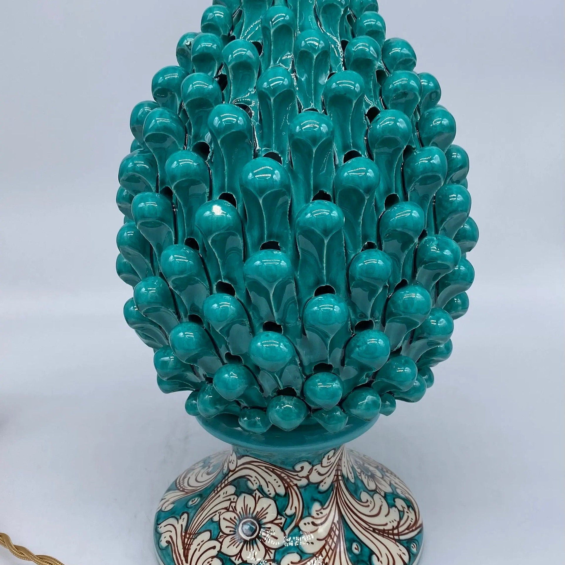 Lampada Pigna traforata Ceramica Caltagirone cm H.30 L.20 Artigianale Verde Base Decorata DD CERAMICHE SICILIANE
