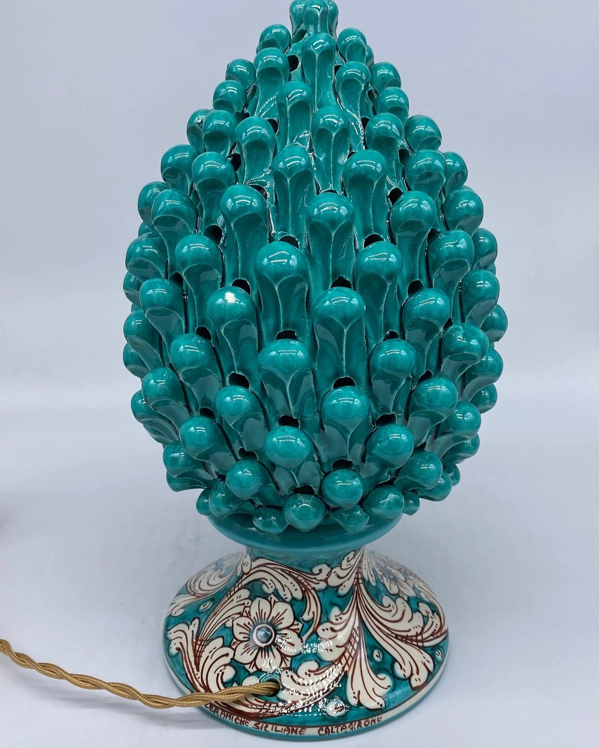 Lampada Pigna traforata Ceramica Caltagirone cm H.30 L.20 Artigianale Verde Base Decorata DD CERAMICHE SICILIANE