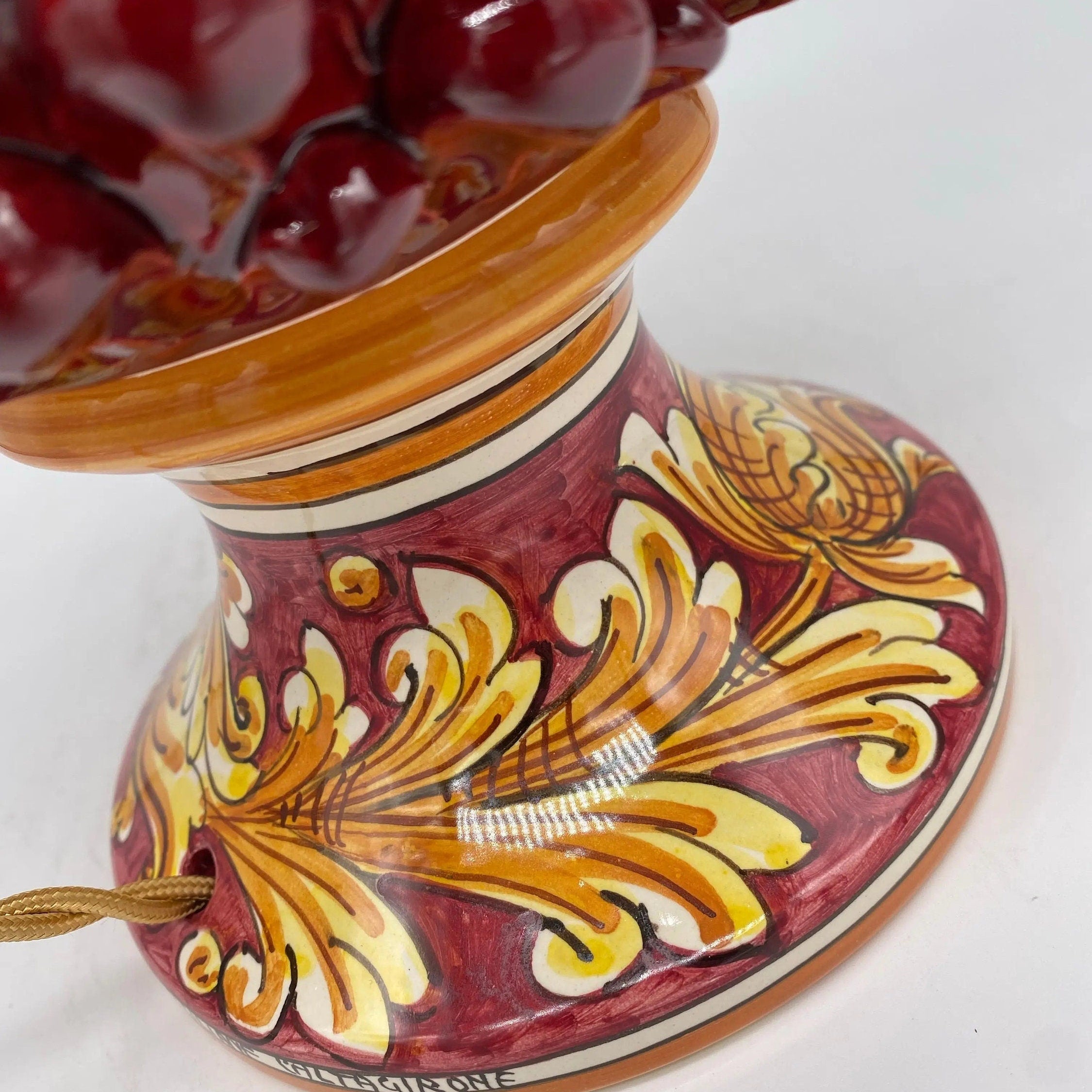 Lampada Pigna traforata Ceramica Caltagirone cm H.30 L.20 Artigianale Bordeaux Base Decorata DD CERAMICHE SICILIANE