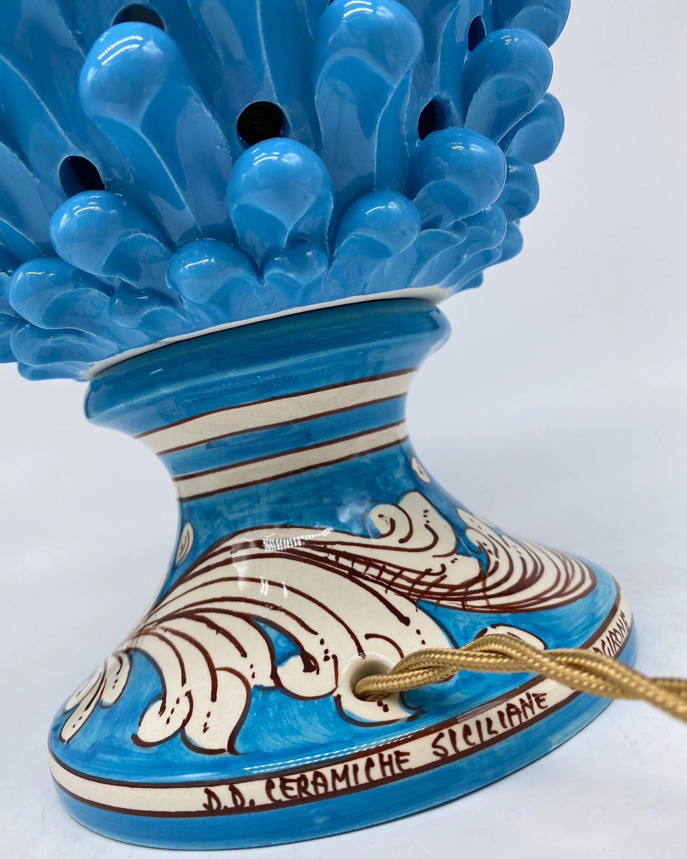 Lampada Pigna traforata Ceramica Caltagirone cm H.30 L.20 Artigianale Celeste Base Decorata DD CERAMICHE SICILIANE