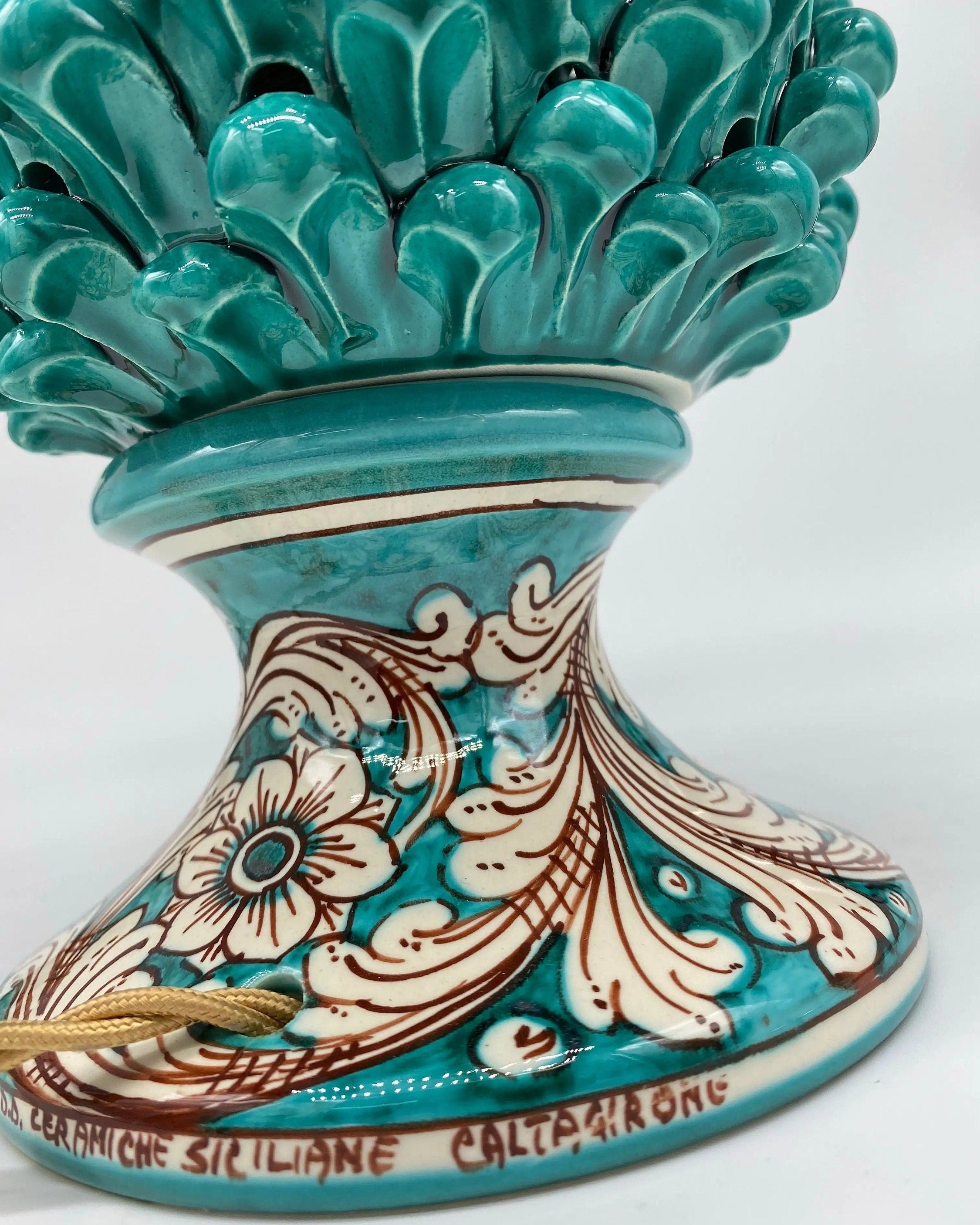 Lampada Pigna traforata Ceramica Caltagirone cm H.30 L.20 Artigianale Verde Base Decorata DD CERAMICHE SICILIANE