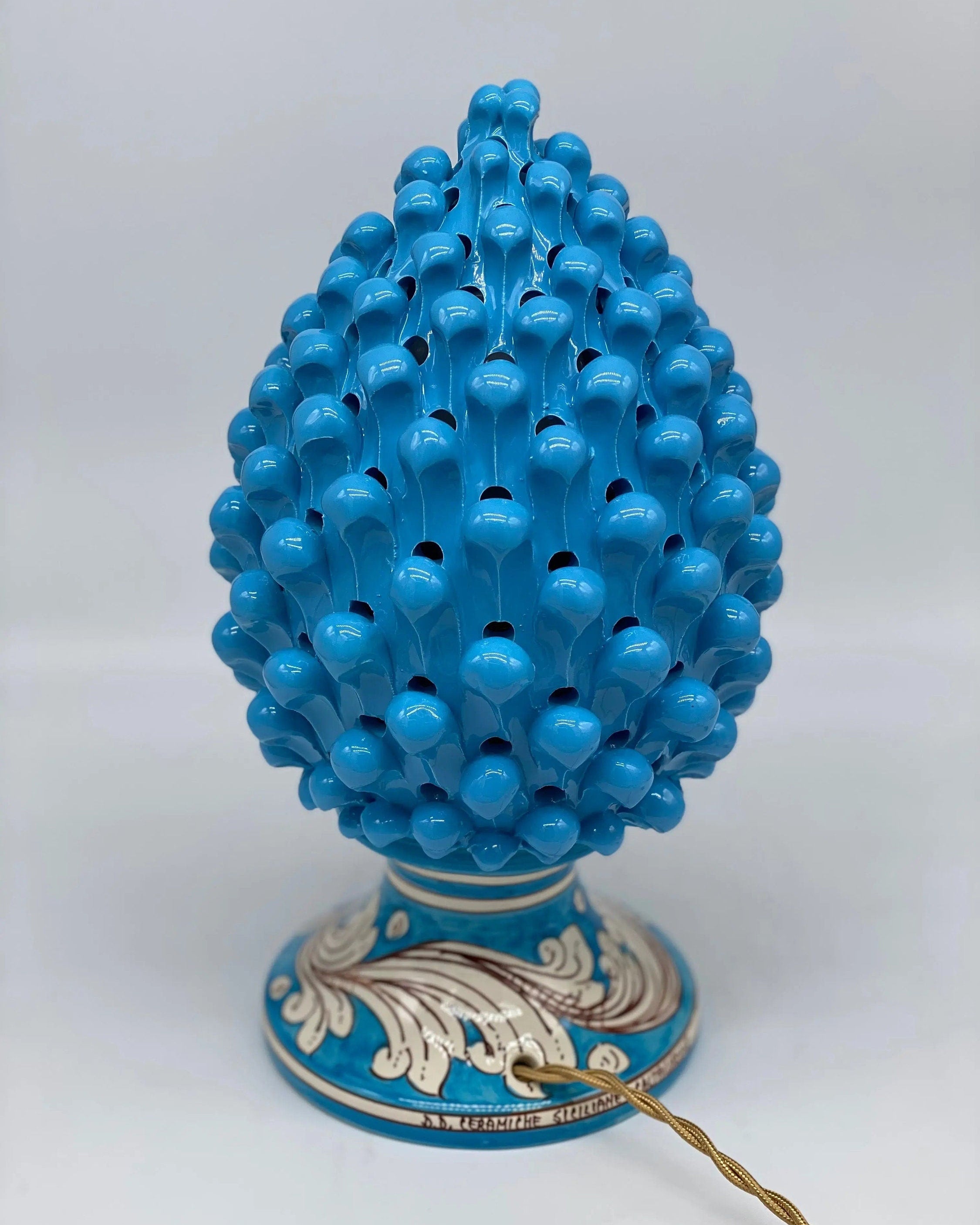 Lampada Pigna traforata Ceramica Caltagirone cm H.30 L.20 Artigianale Celeste Base Decorata DD CERAMICHE SICILIANE
