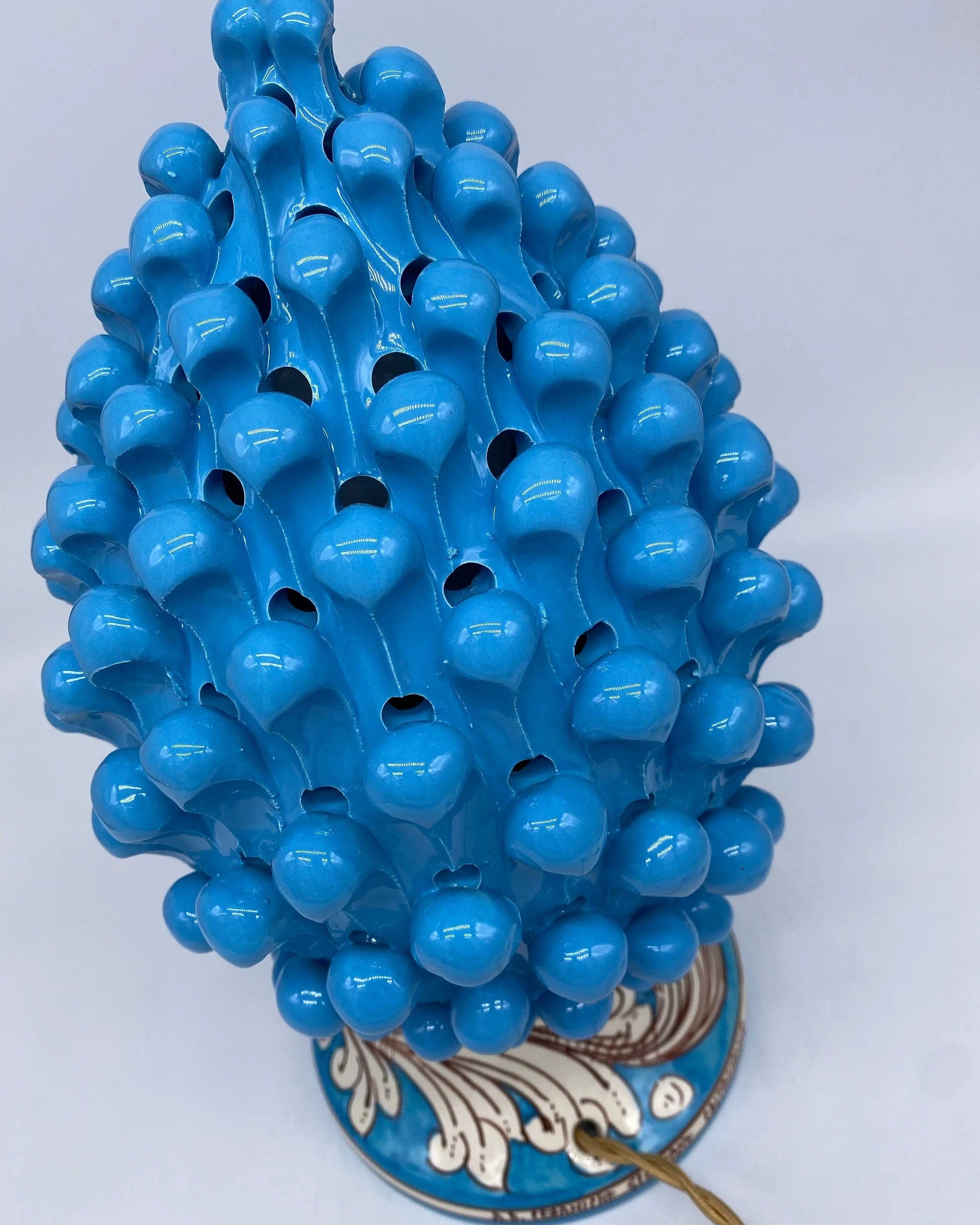 Lampada Pigna traforata Ceramica Caltagirone cm H.30 L.20 Artigianale Celeste Base Decorata DD CERAMICHE SICILIANE