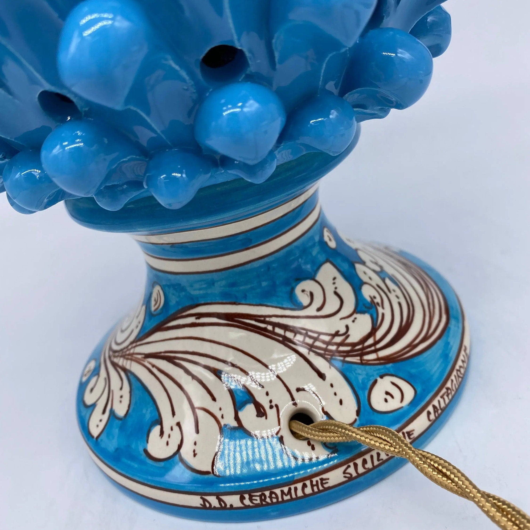 Lampada Pigna traforata Ceramica Caltagirone cm H.30 L.20 Artigianale Celeste Base Decorata DD CERAMICHE SICILIANE