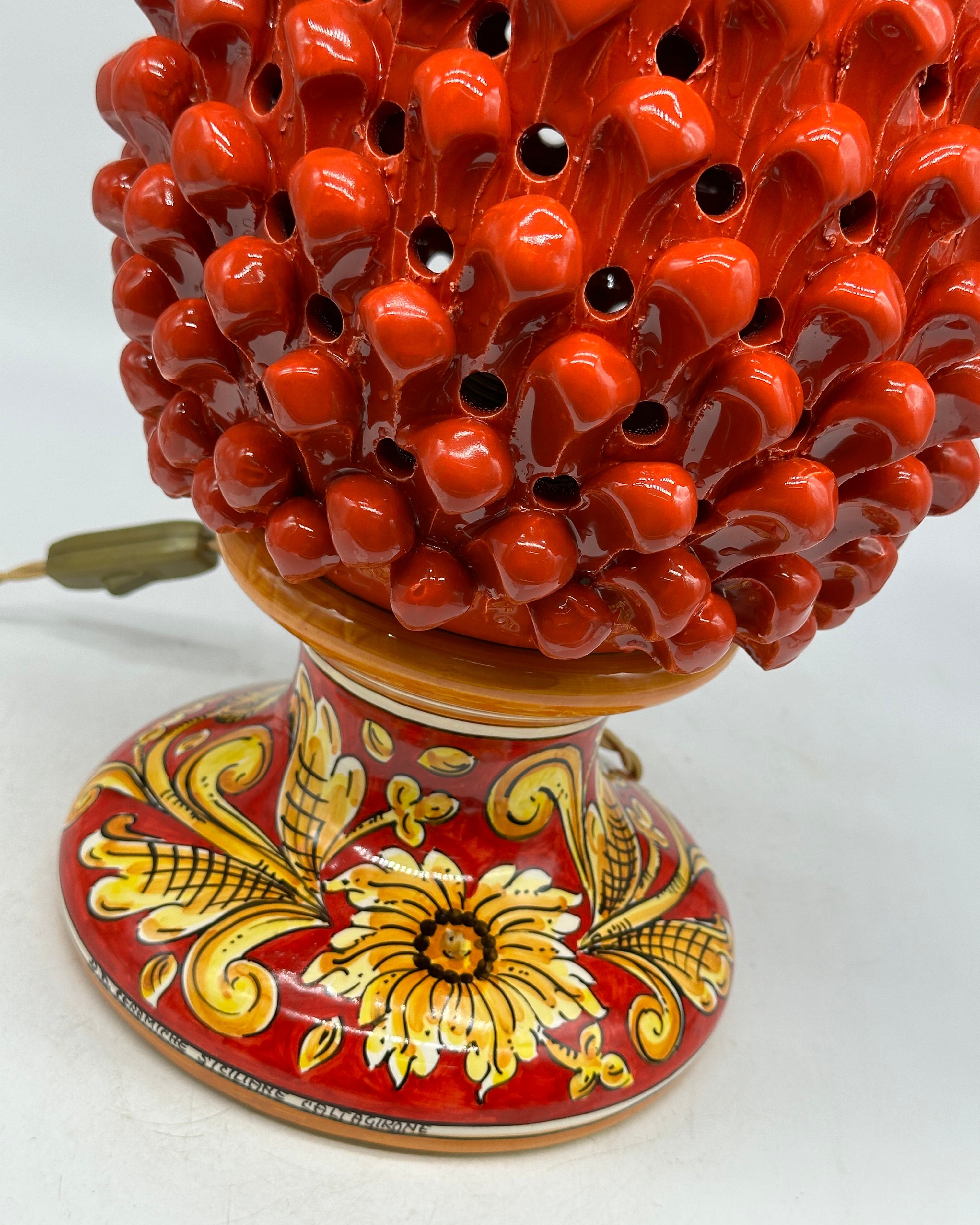 Lampada Pigna traforata Ceramica Caltagirone cm H.40 L.22 Artigianale Rosso Base Decorata - LAMPADE