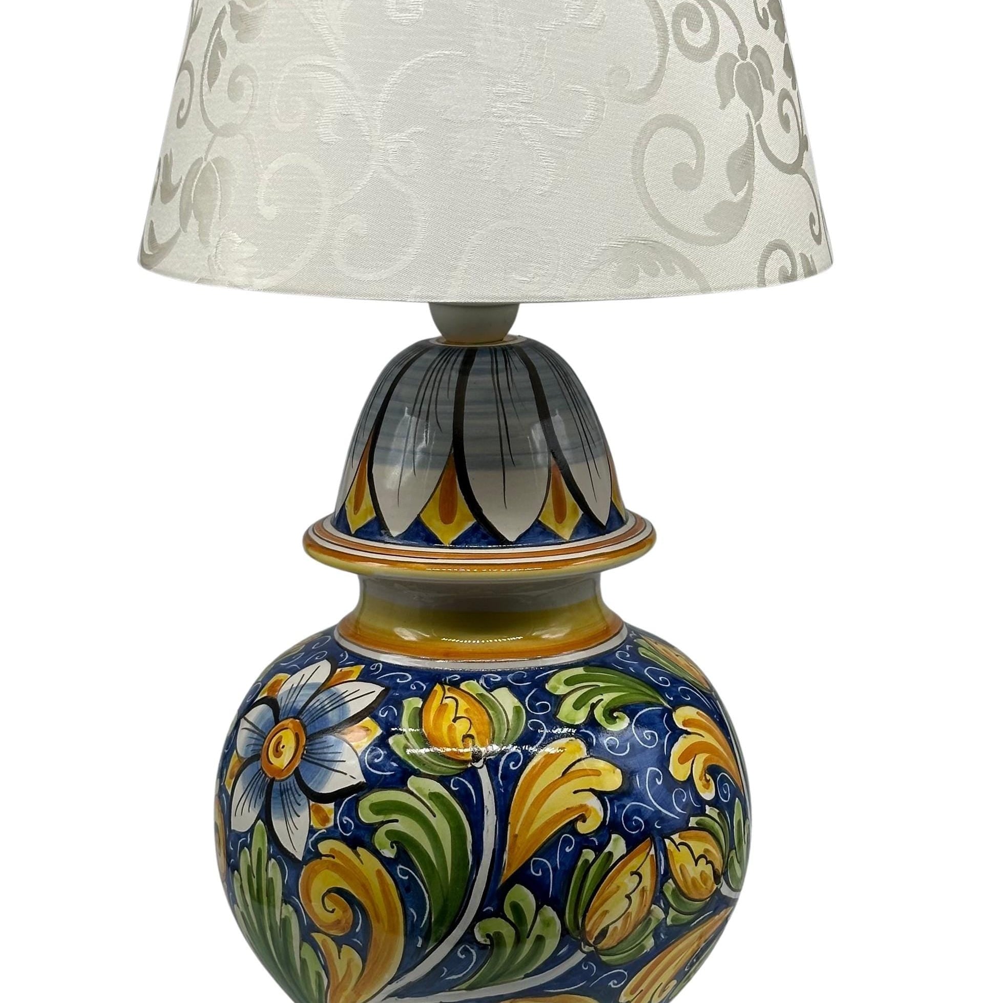 Lume Classico Ceramica Caltagirone cm H.35 L.20 Artigianale Decoro Fiore Blu - LAMPADA PIGNA