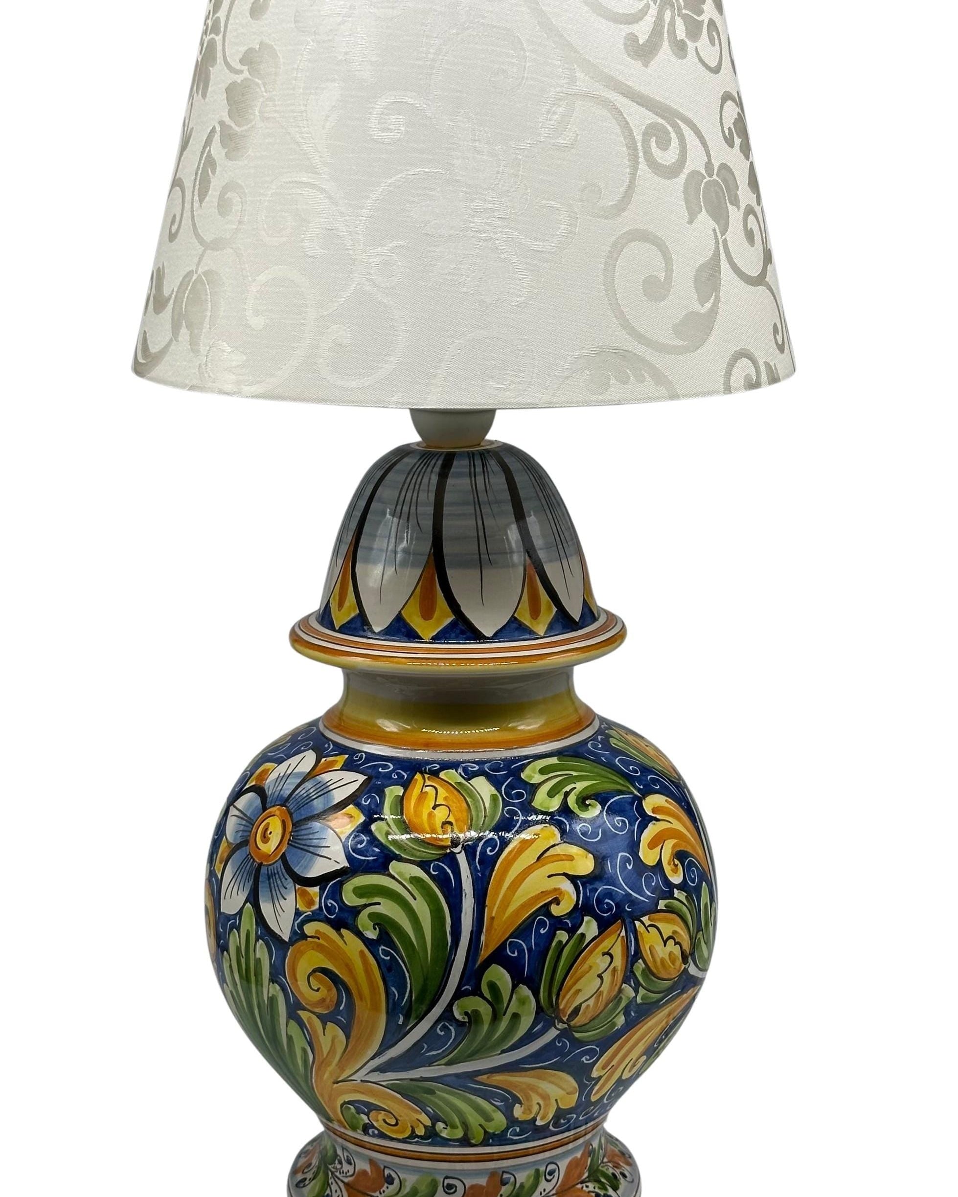 Lume Classico Ceramica Caltagirone cm H.35 L.20 Artigianale Decoro Fiore Blu - LAMPADA PIGNA