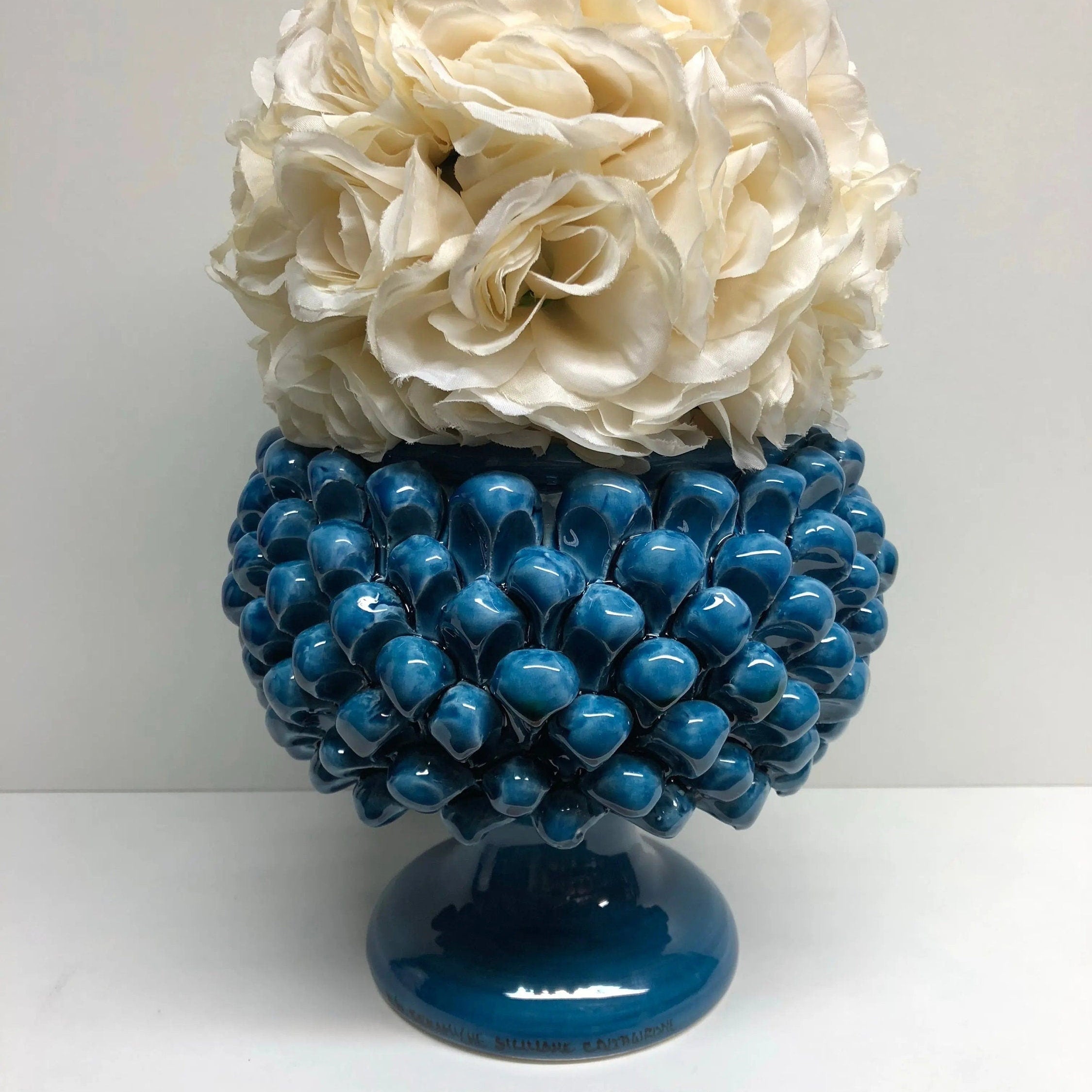 Portavaso Mezza Pigna Ceramica Caltagirone cm H.20 L.20 Artigianale Blu Cristallo DD CERAMICHE SICILIANE