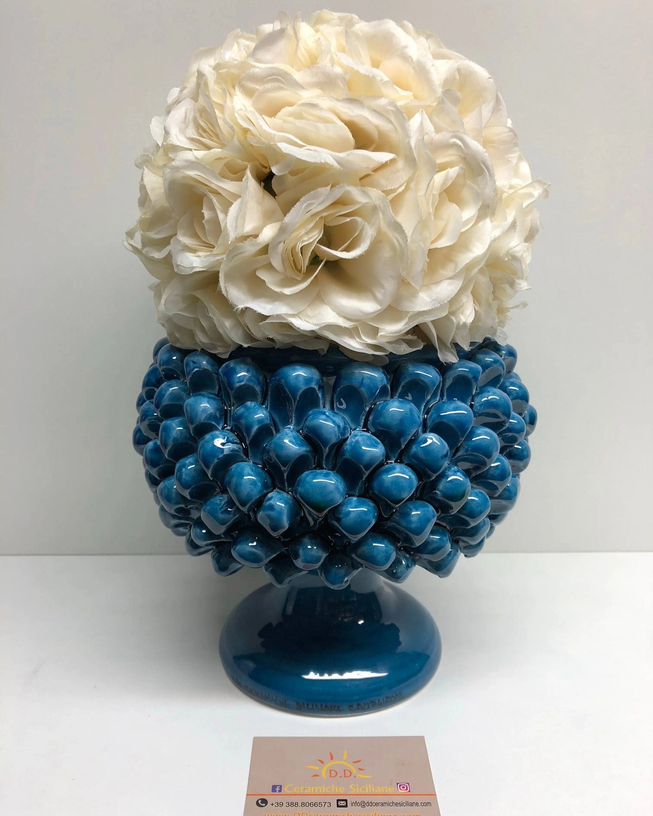 Portavaso Mezza Pigna Ceramica Caltagirone cm H.20 L.20 Artigianale Blu Cristallo DD CERAMICHE SICILIANE