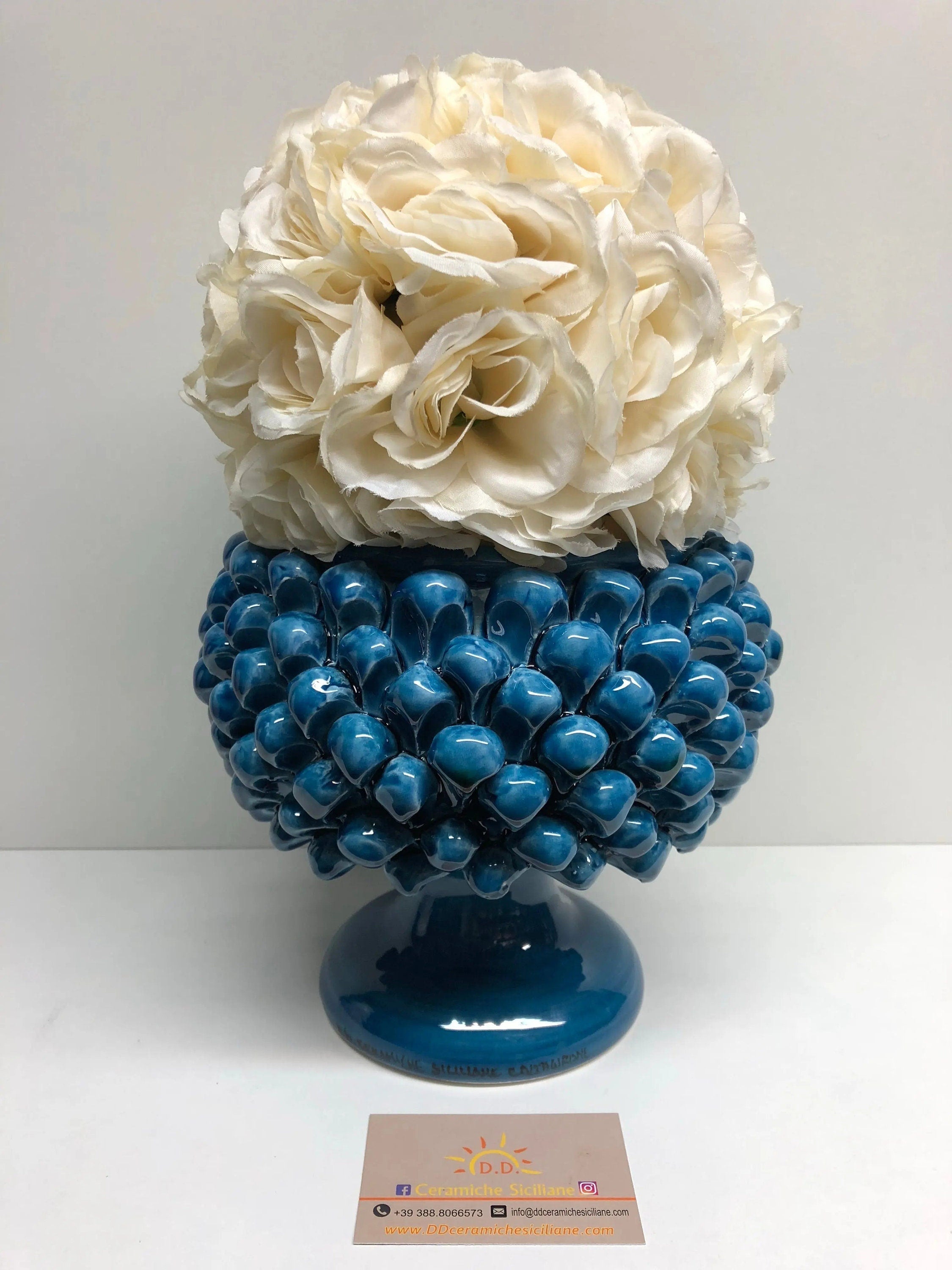 Portavaso Mezza Pigna Ceramica Caltagirone cm H.20 L.20 Artigianale Blu Cristallo DD CERAMICHE SICILIANE