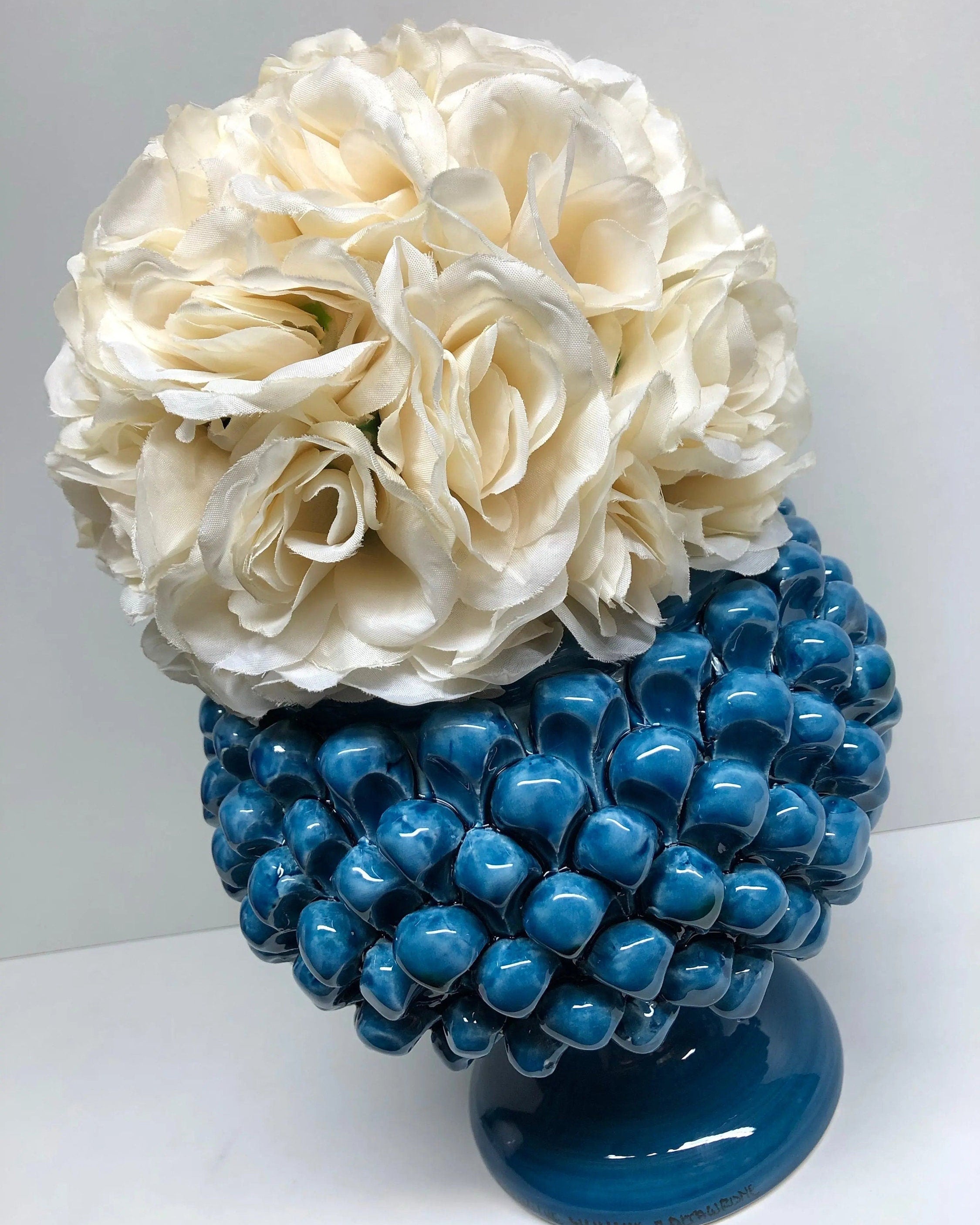 Portavaso Mezza Pigna Ceramica Caltagirone cm H.20 L.20 Artigianale Blu Cristallo DD CERAMICHE SICILIANE