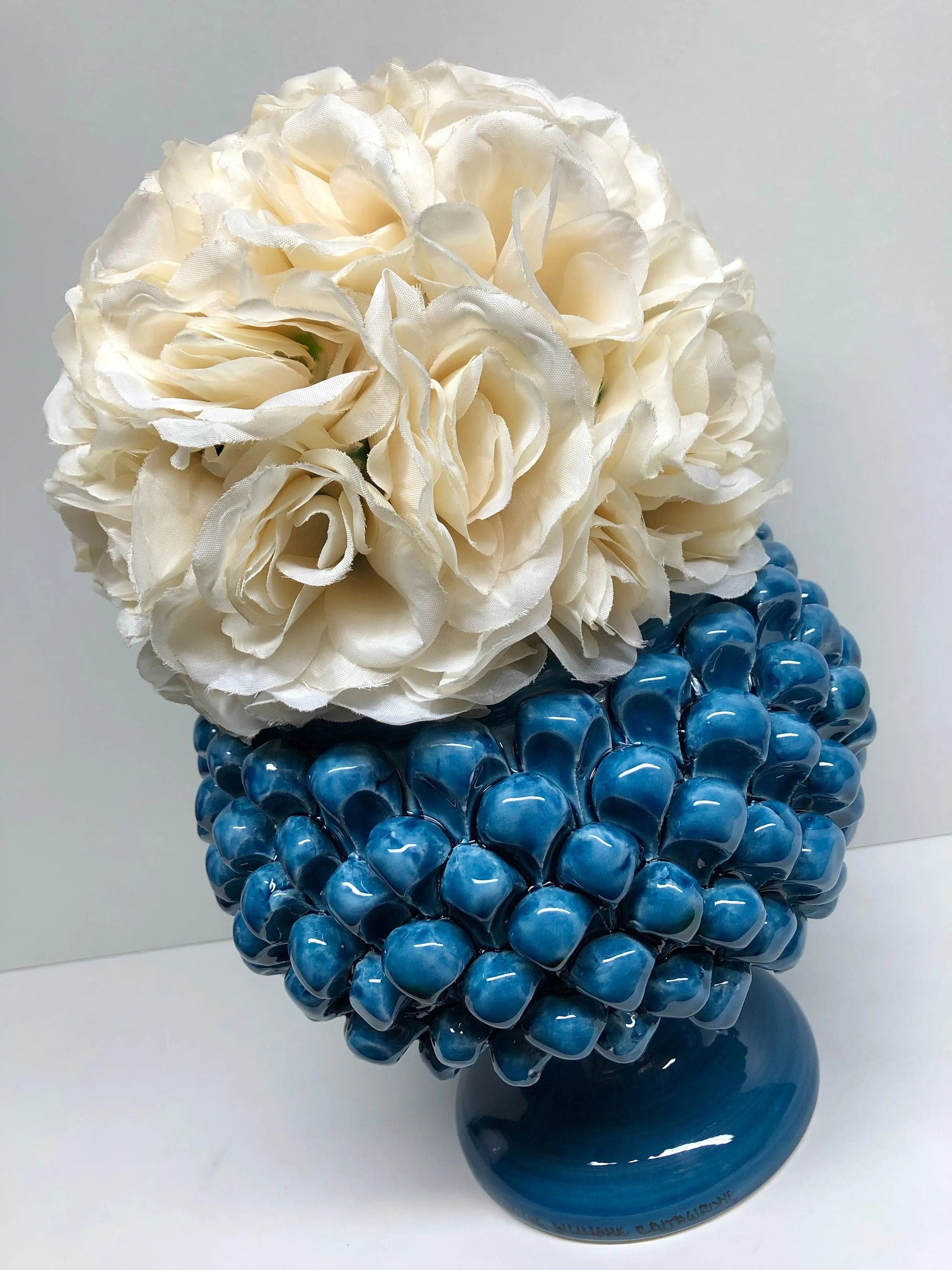 Portavaso Mezza Pigna Ceramica Caltagirone cm H.20 L.20 Artigianale Blu Cristallo DD CERAMICHE SICILIANE