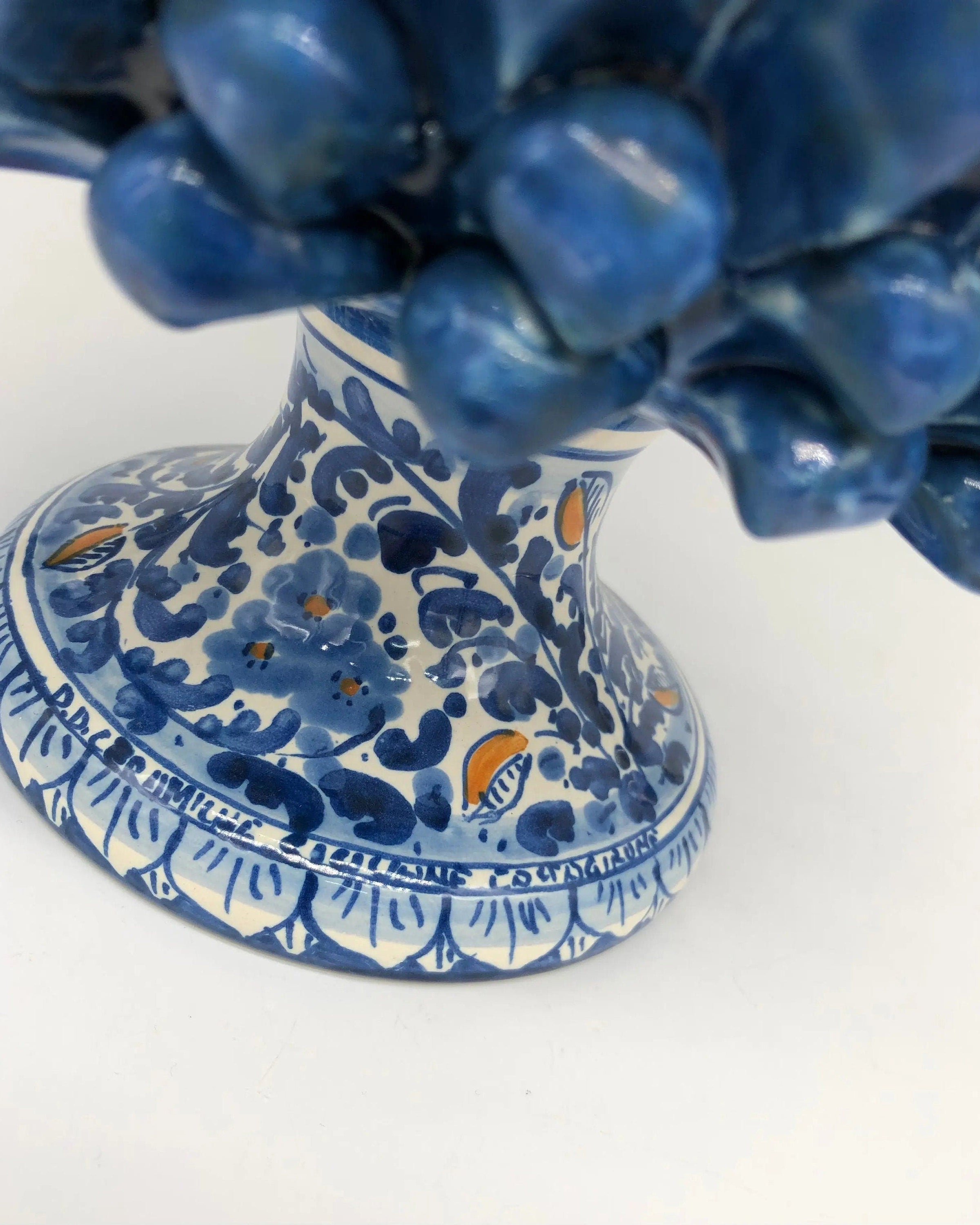 Portavaso Mezza Pigna Ceramica Caltagirone cm H.20 L.20 Artigianale Blu Antico Base Decorata DD CERAMICHE SICILIANE