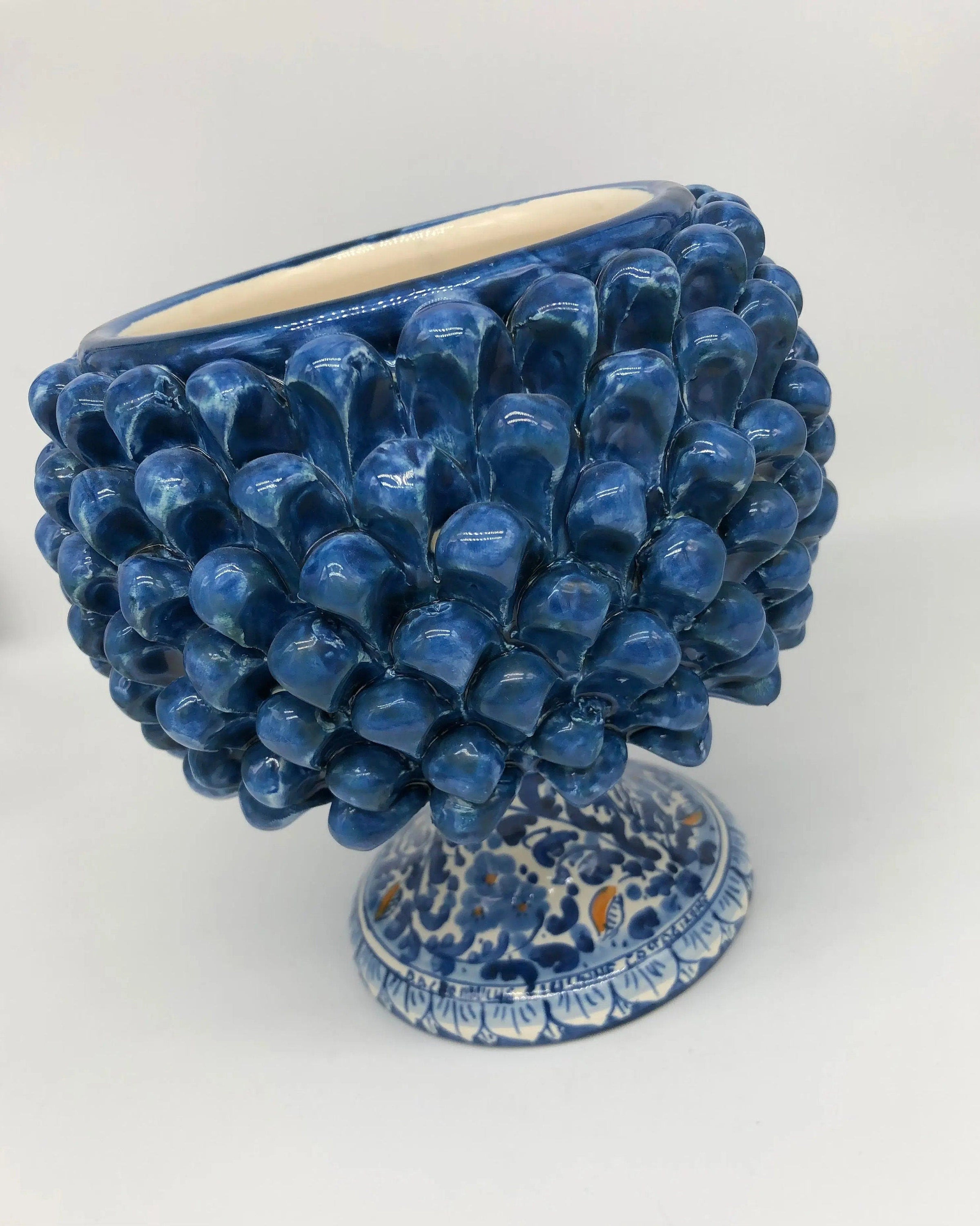 Portavaso Mezza Pigna Ceramica Caltagirone cm H.20 L.20 Artigianale Blu Antico Base Decorata DD CERAMICHE SICILIANE