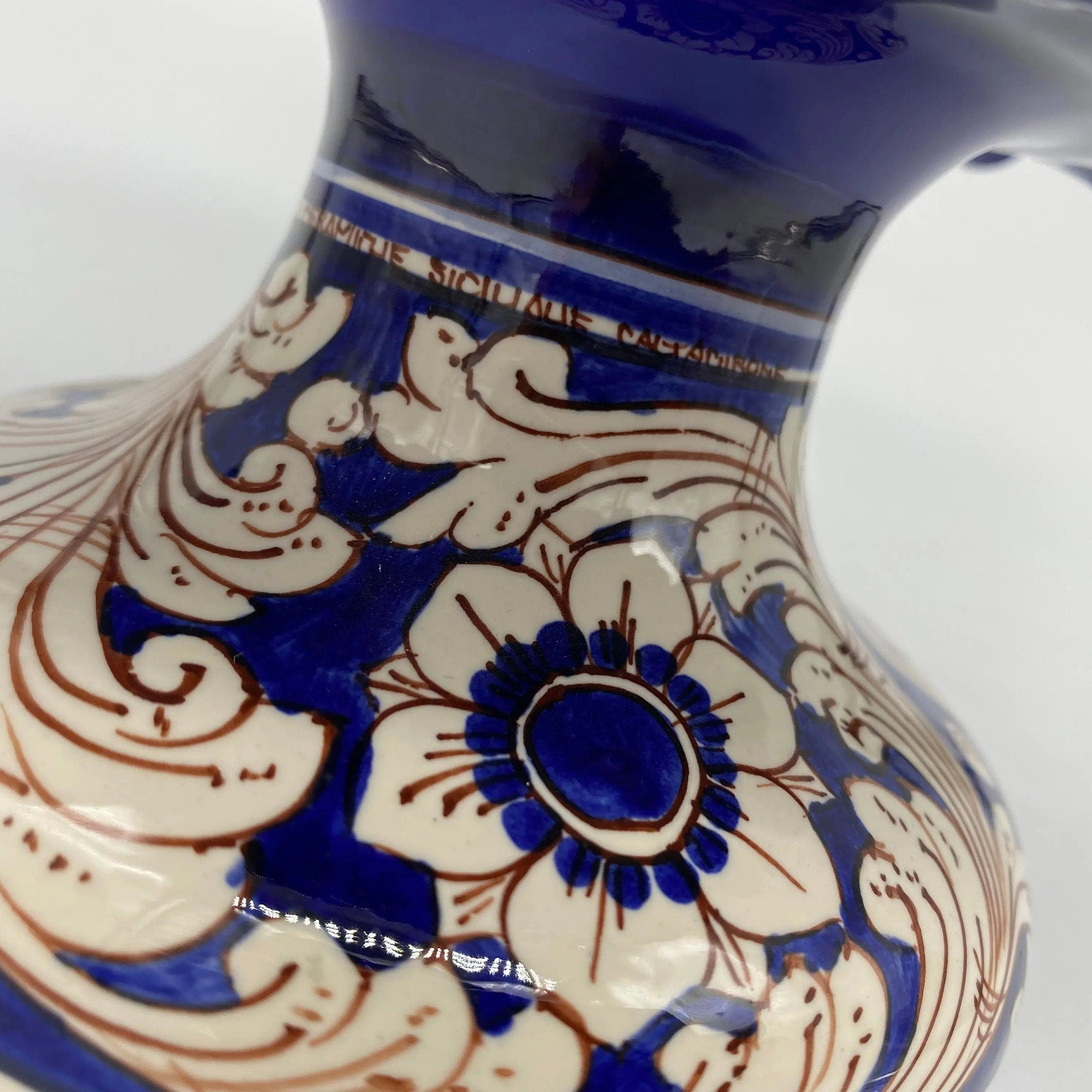 Portavaso Mezza Pigna Ceramica Caltagirone cm H.20 L.20 Artigianale Blu Base Decorata DD CERAMICHE SICILIANE