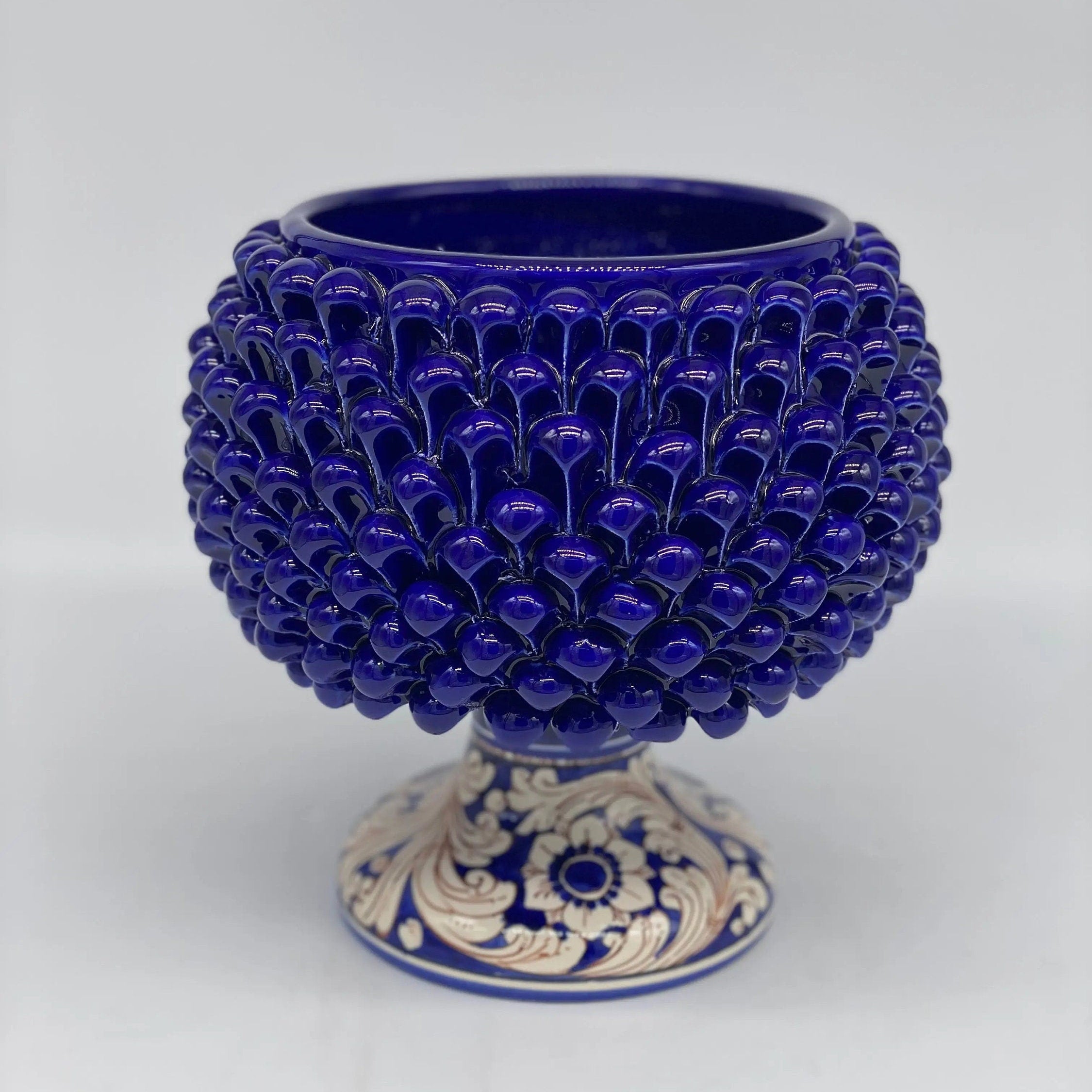 Portavaso Mezza Pigna Ceramica Caltagirone cm H.20 L.20 Artigianale Blu Base Decorata DD CERAMICHE SICILIANE