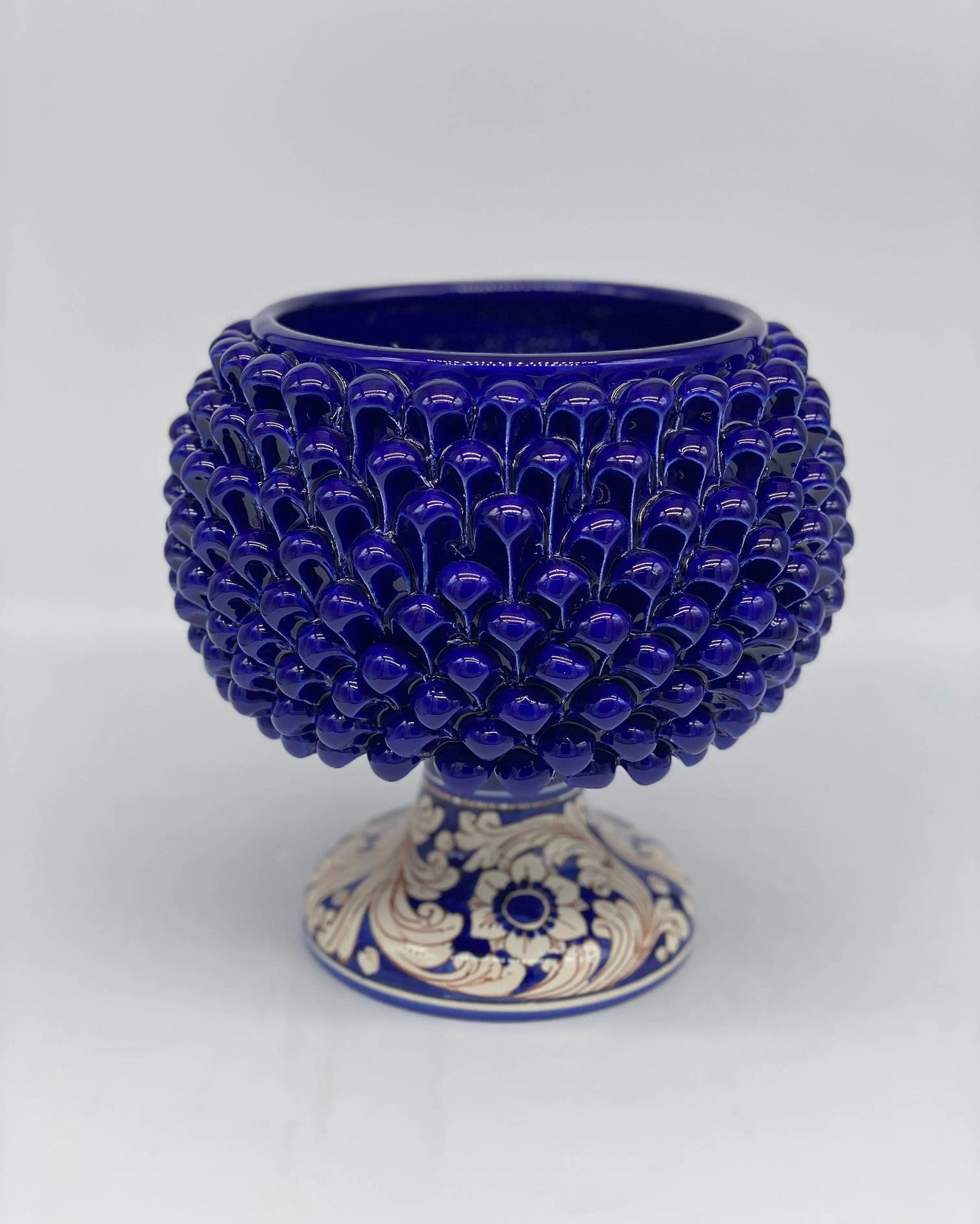 Portavaso Mezza Pigna Ceramica Caltagirone cm H.20 L.20 Artigianale Blu Base Decorata DD CERAMICHE SICILIANE