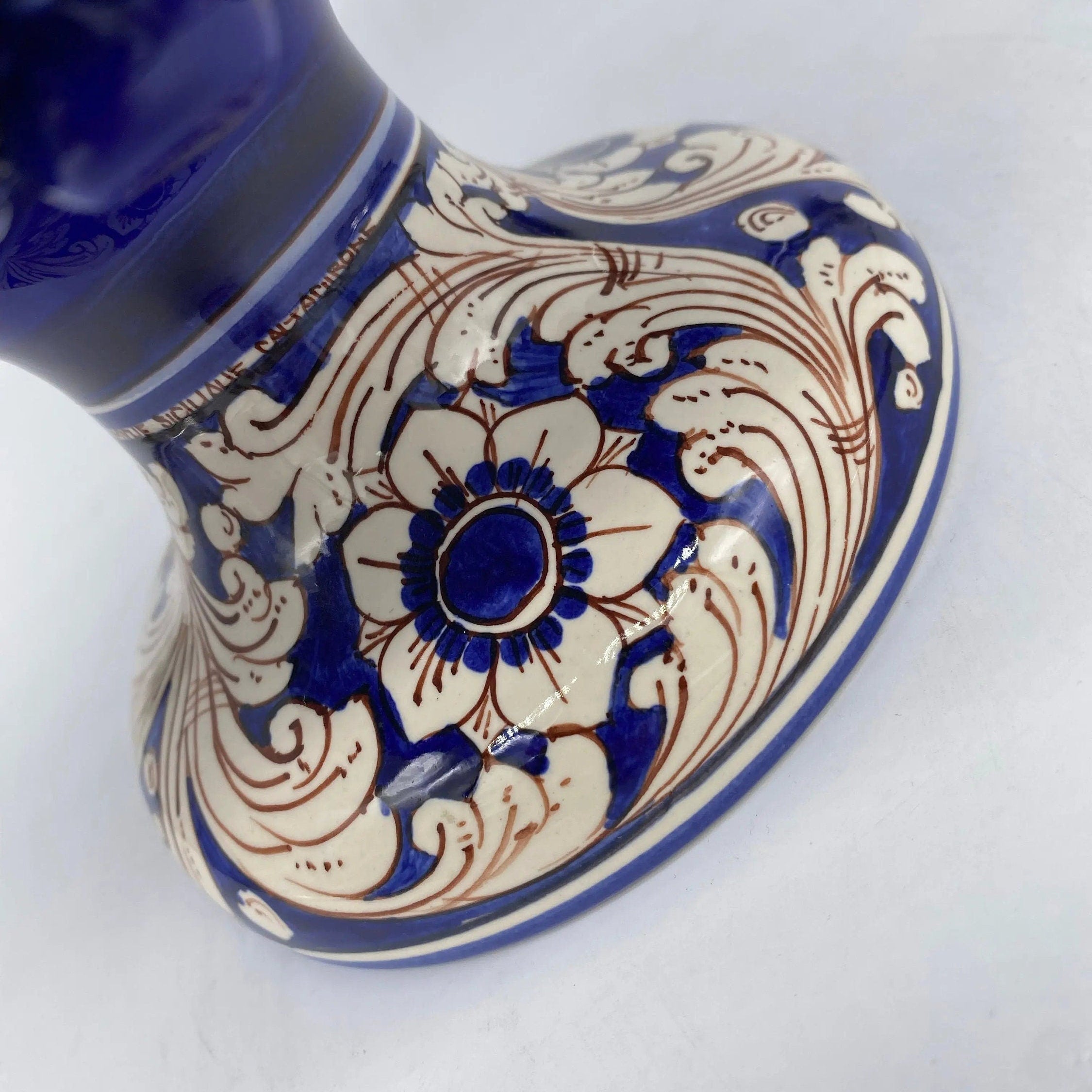 Portavaso Mezza Pigna Ceramica Caltagirone cm H.20 L.20 Artigianale Blu Base Decorata DD CERAMICHE SICILIANE