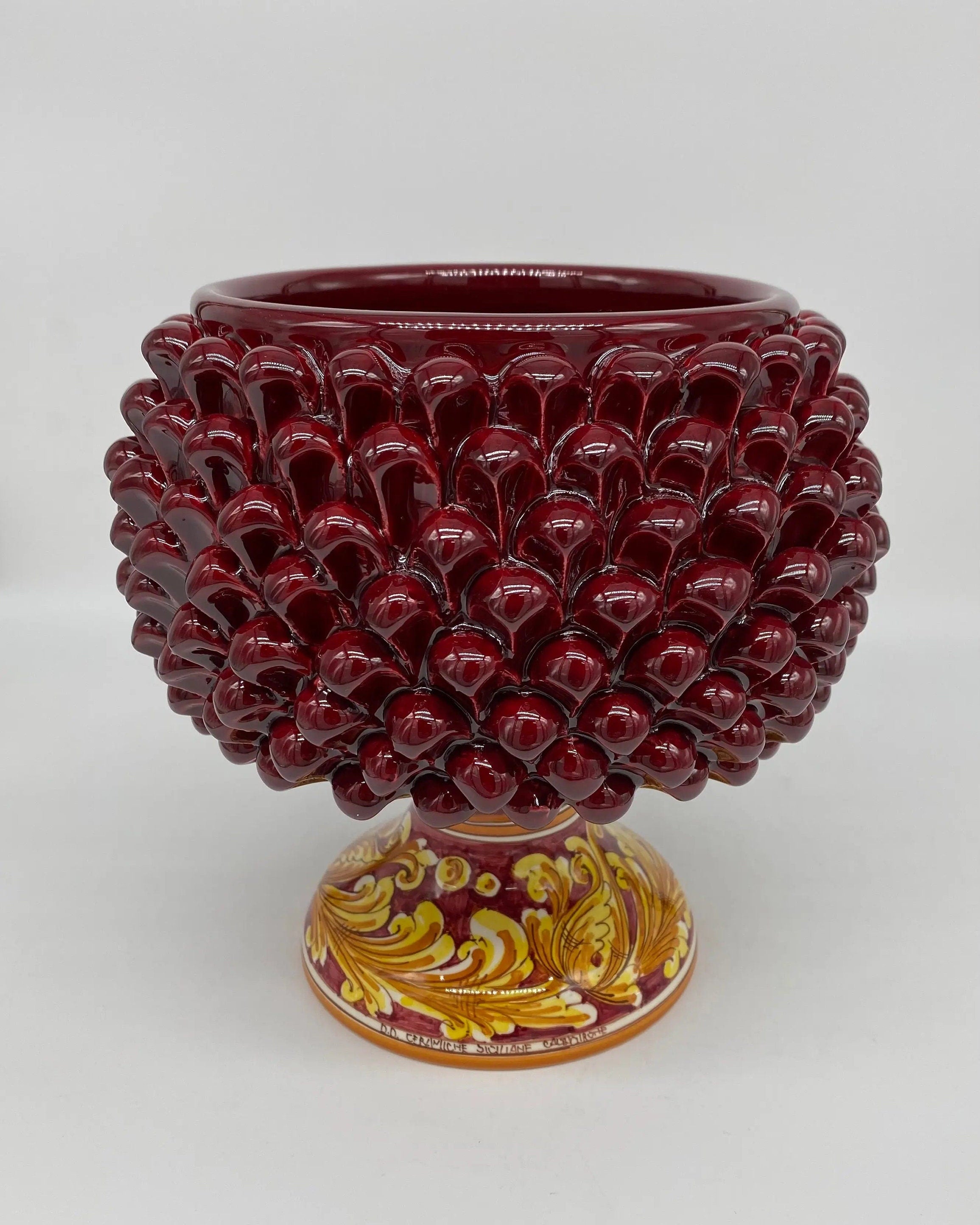Portavaso Mezza Pigna Ceramica Caltagirone cm H.20 L.20 Artigianale Bordeaux Lucido Base Decorata DD CERAMICHE SICILIANE