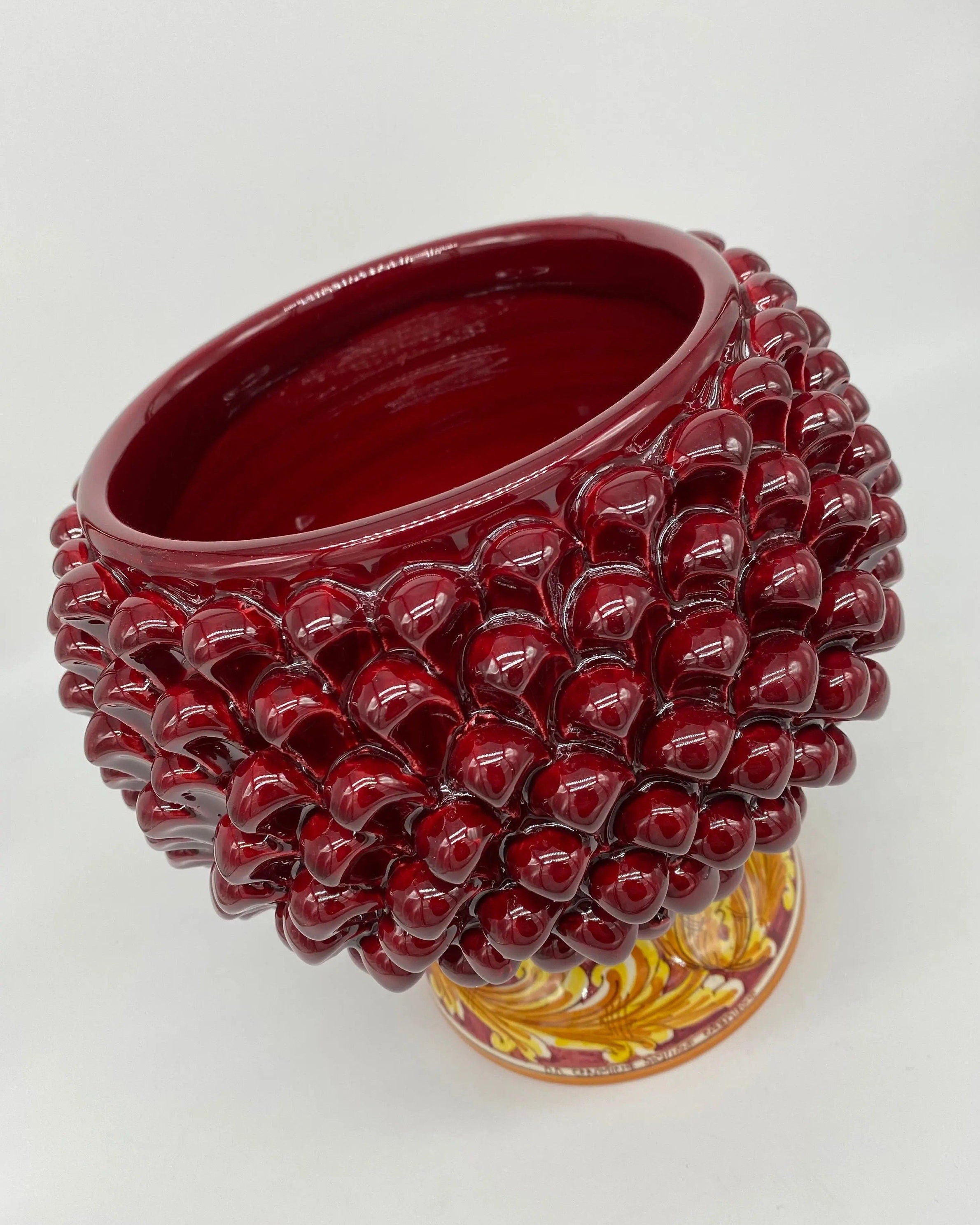 Portavaso Mezza Pigna Ceramica Caltagirone cm H.20 L.20 Artigianale Bordeaux Lucido Base Decorata DD CERAMICHE SICILIANE