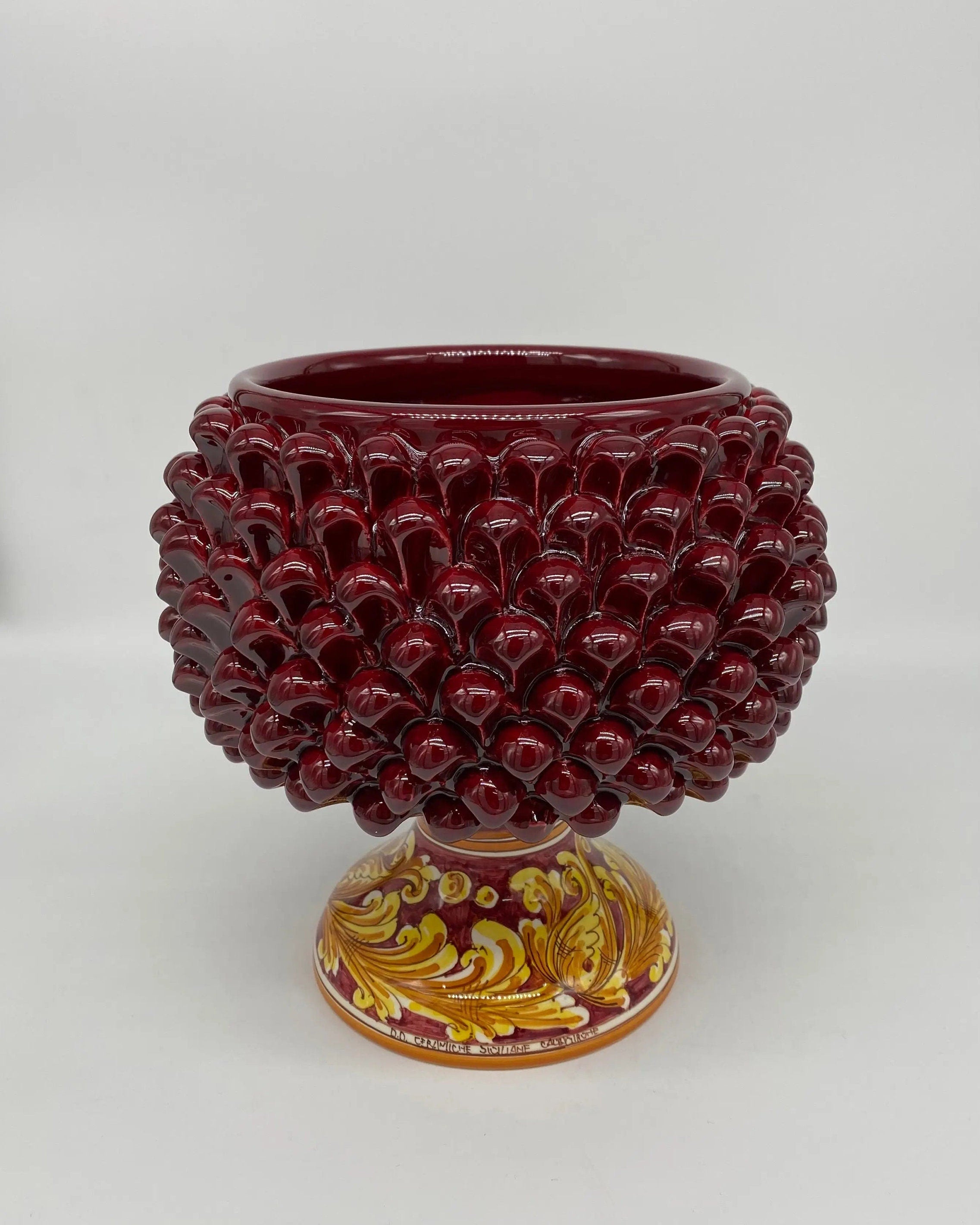 Portavaso Mezza Pigna Ceramica Caltagirone cm H.20 L.20 Artigianale Bordeaux Lucido Base Decorata DD CERAMICHE SICILIANE