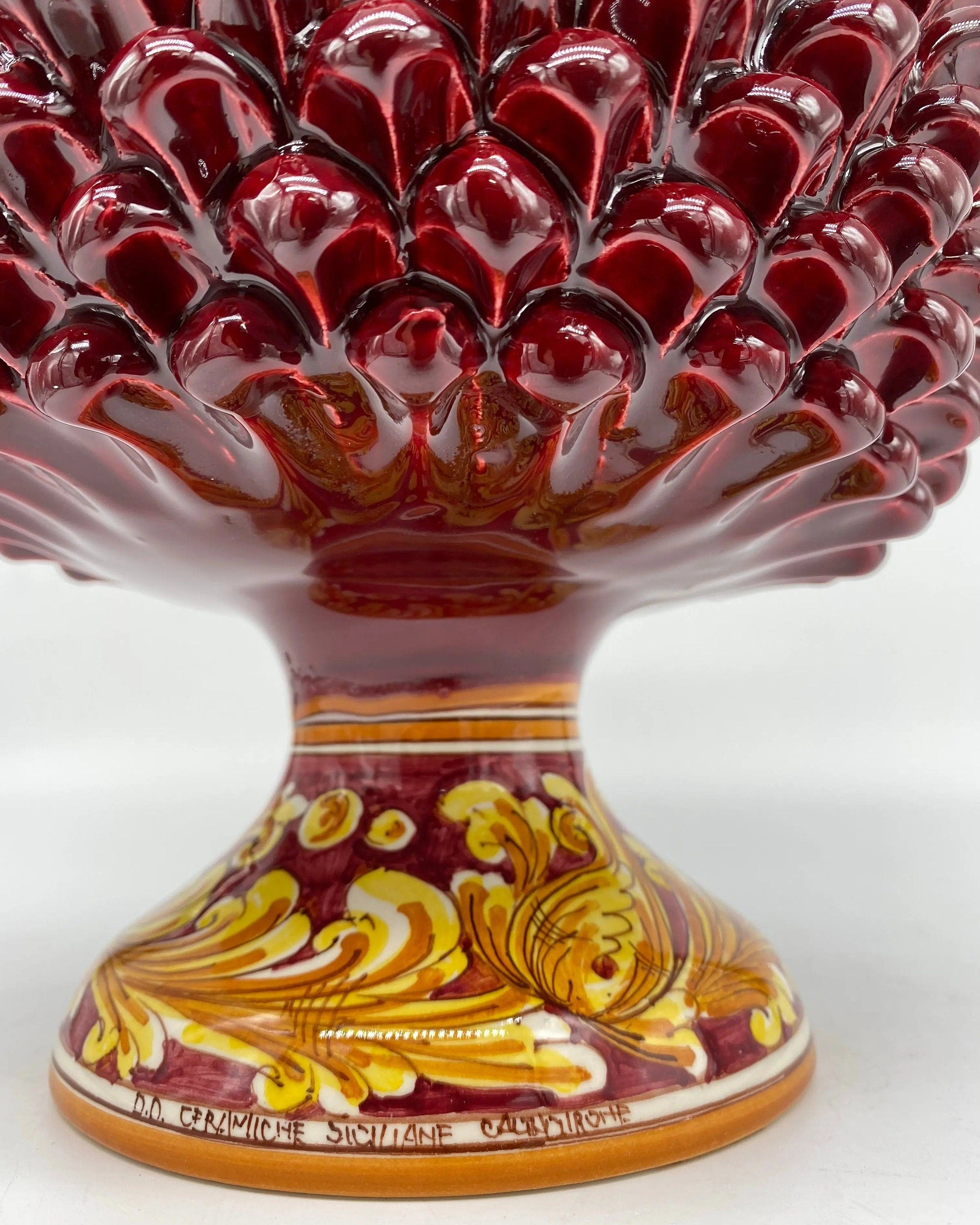 Portavaso Mezza Pigna Ceramica Caltagirone cm H.20 L.20 Artigianale Bordeaux Lucido Base Decorata DD CERAMICHE SICILIANE