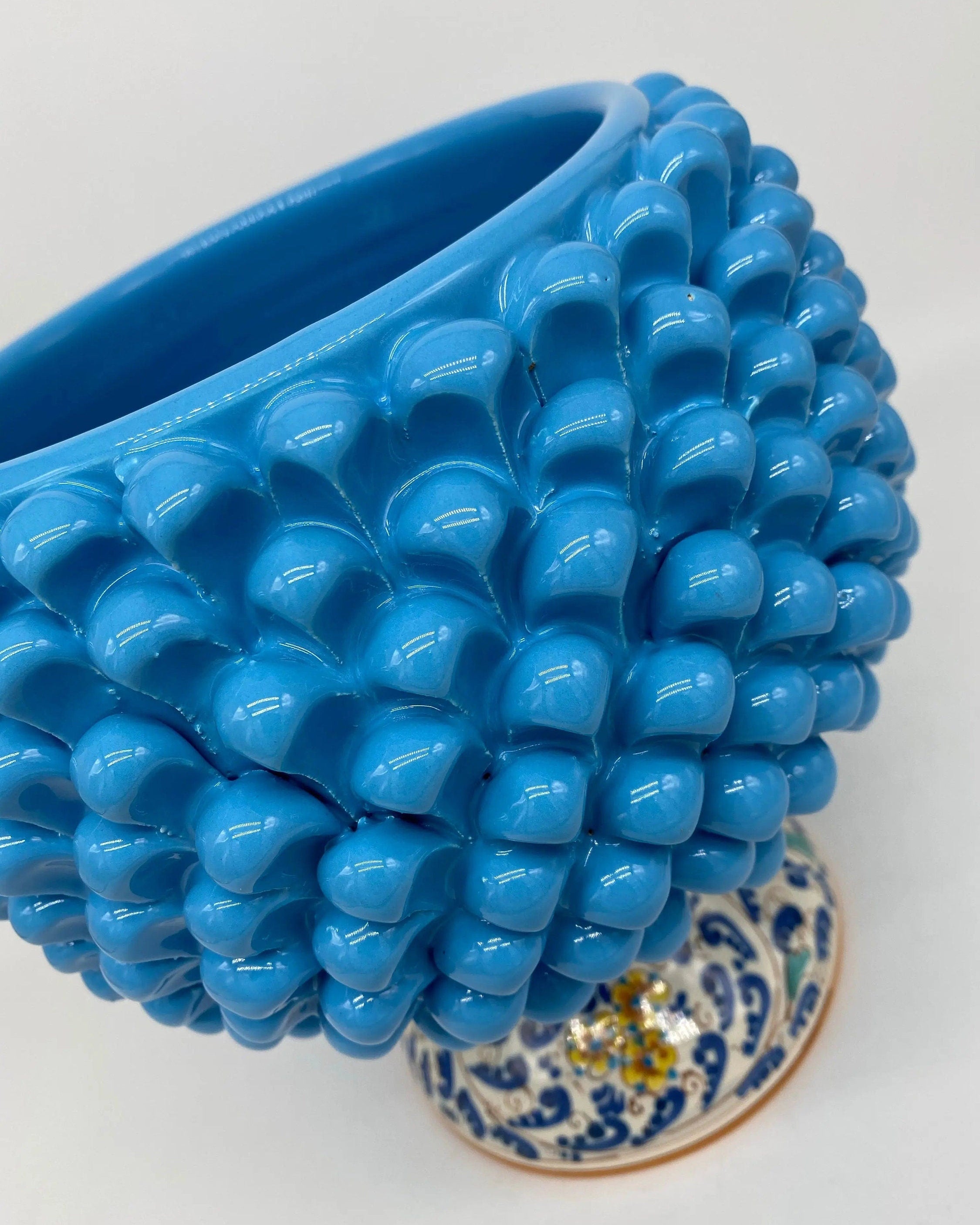 Portavaso Mezza Pigna Ceramica Caltagirone cm H.20 L.20 Artigianale Celeste Base Decorata DD CERAMICHE SICILIANE