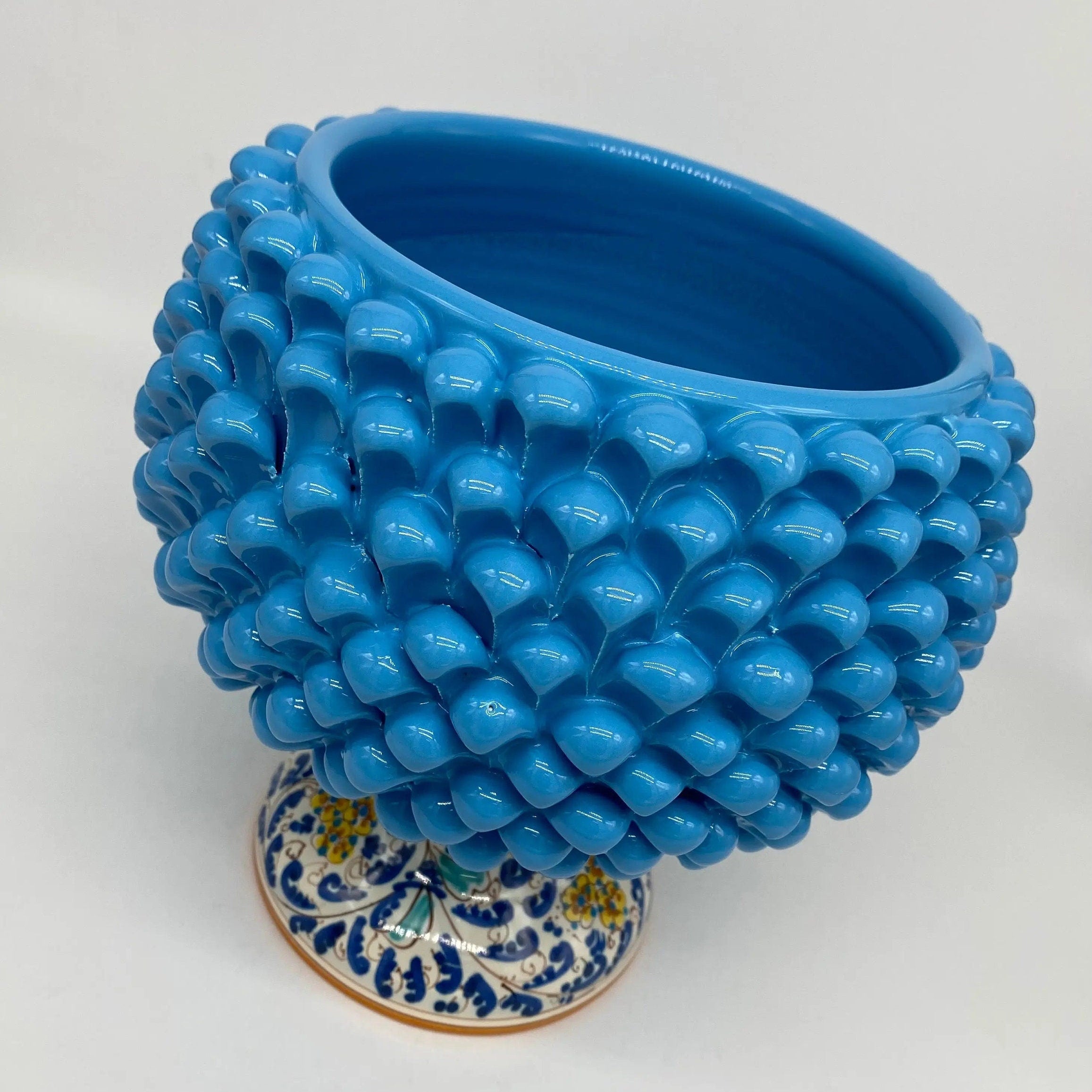 Portavaso Mezza Pigna Ceramica Caltagirone cm H.20 L.20 Artigianale Celeste Base Decorata DD CERAMICHE SICILIANE