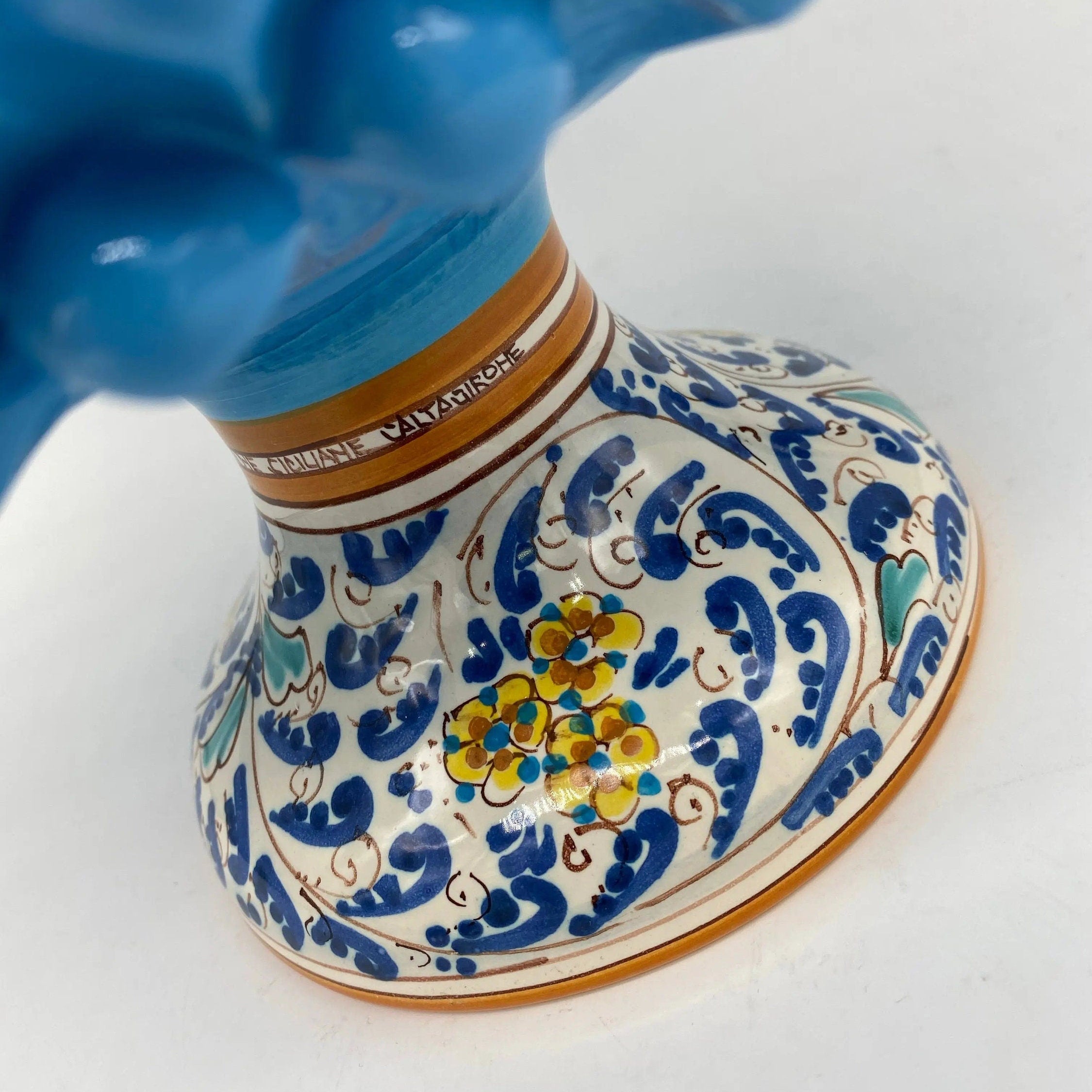 Portavaso Mezza Pigna Ceramica Caltagirone cm H.20 L.20 Artigianale Celeste Base Decorata DD CERAMICHE SICILIANE