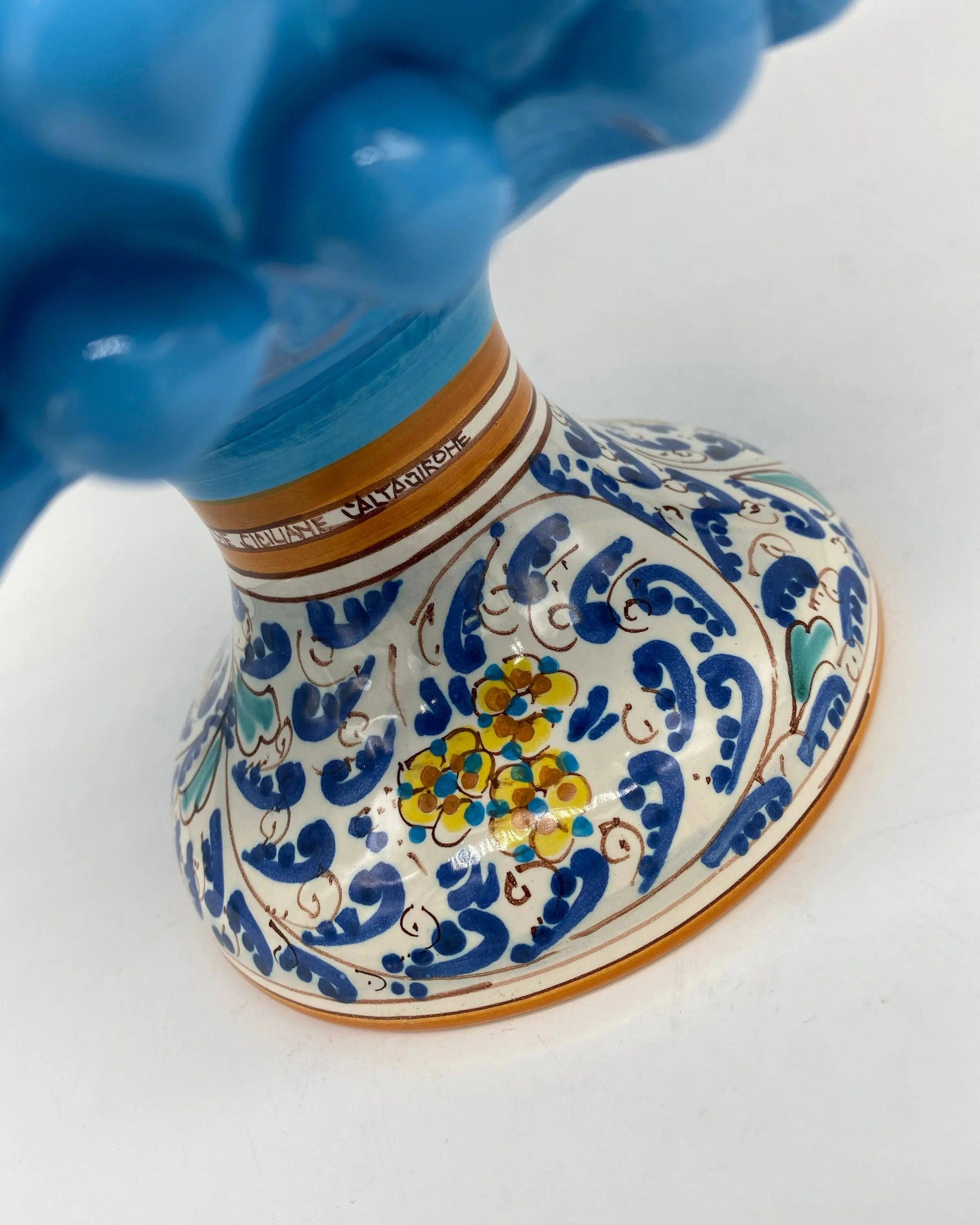 Portavaso Mezza Pigna Ceramica Caltagirone cm H.20 L.20 Artigianale Celeste Base Decorata DD CERAMICHE SICILIANE