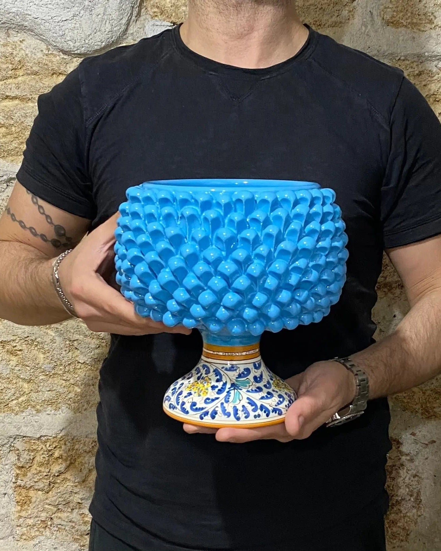 Portavaso Mezza Pigna Ceramica Caltagirone cm H.20 L.20 Artigianale Celeste Base Decorata DD CERAMICHE SICILIANE