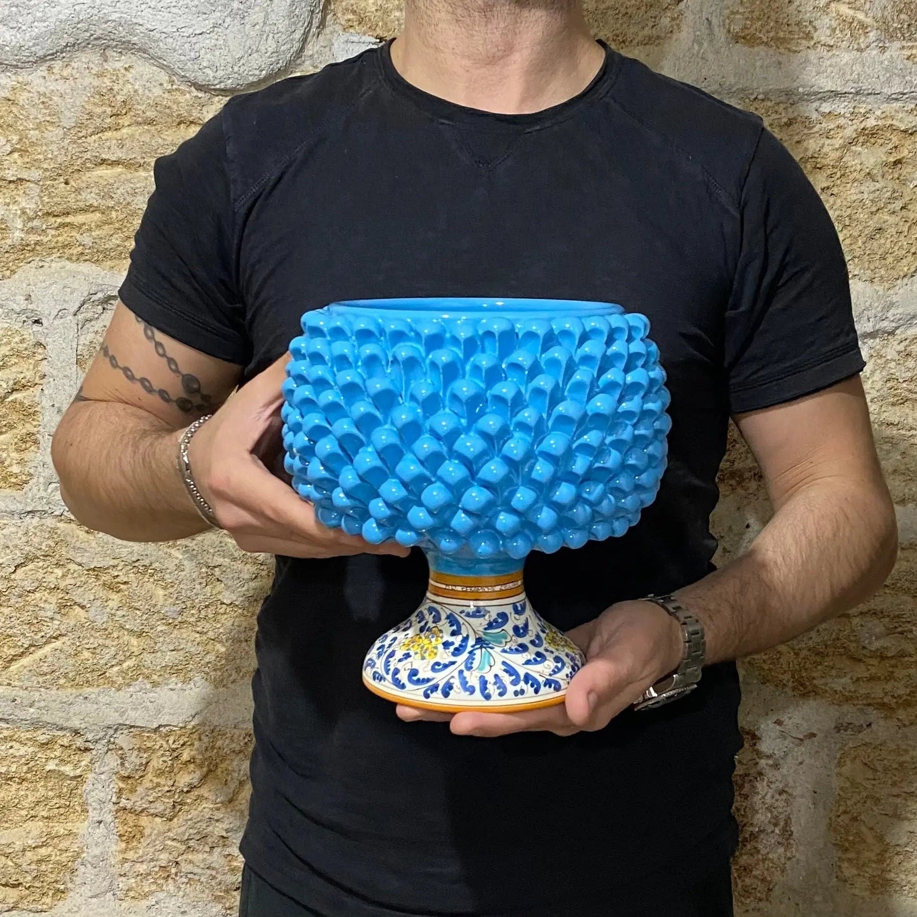 Portavaso Mezza Pigna Ceramica Caltagirone cm H.20 L.20 Artigianale Celeste Base Decorata DD CERAMICHE SICILIANE