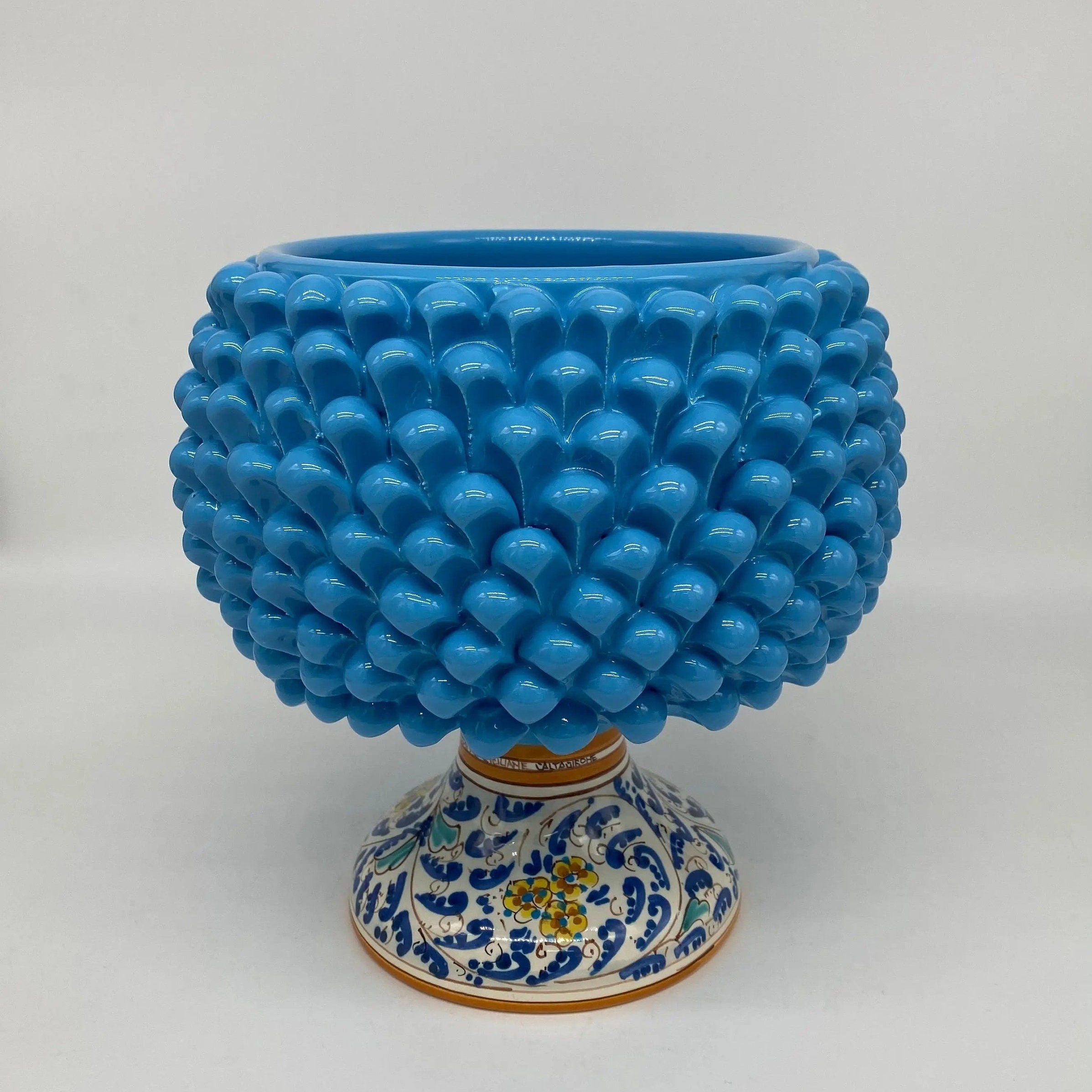 Portavaso Mezza Pigna Ceramica Caltagirone cm H.20 L.20 Artigianale Celeste Base Decorata DD CERAMICHE SICILIANE