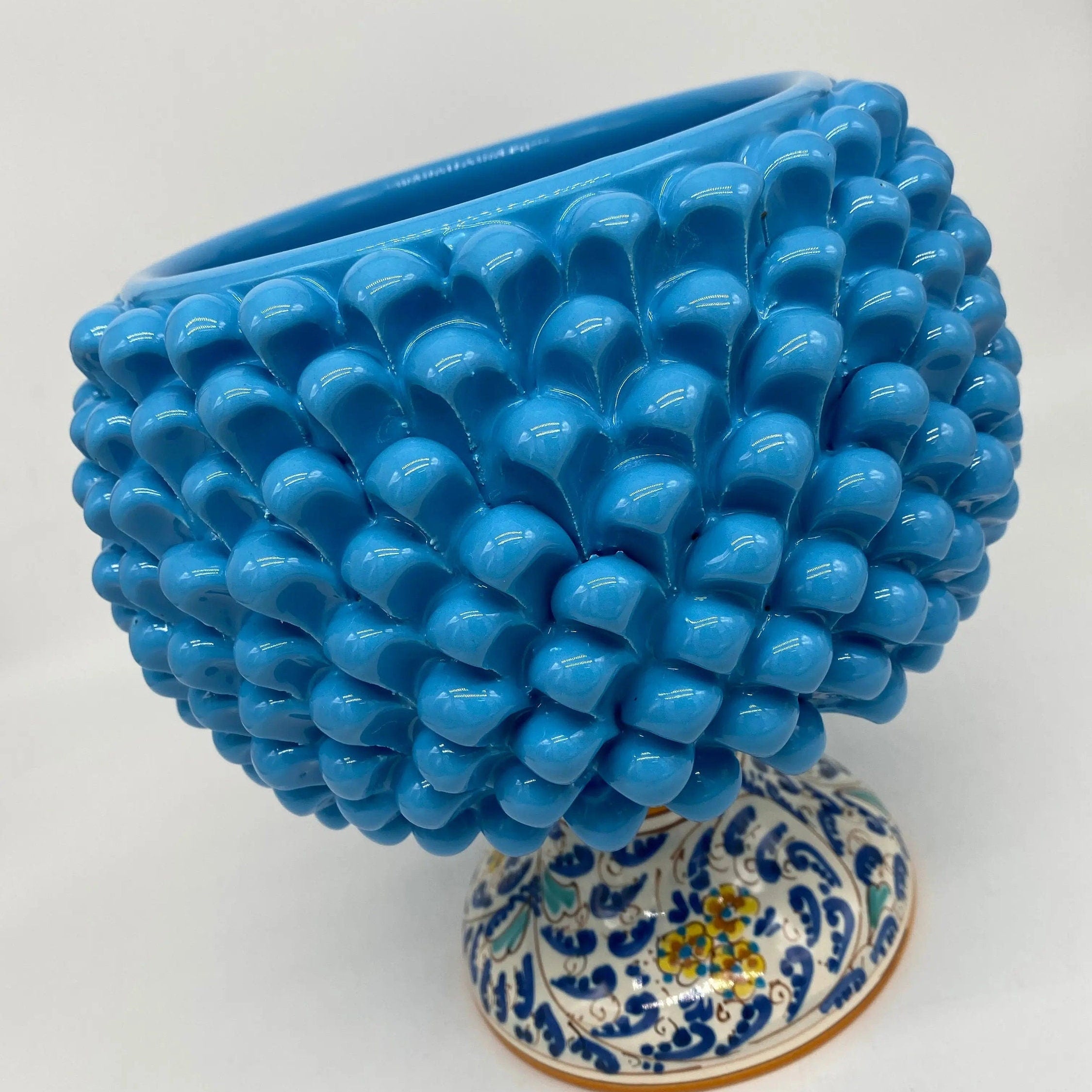Portavaso Mezza Pigna Ceramica Caltagirone cm H.20 L.20 Artigianale Celeste Base Decorata DD CERAMICHE SICILIANE