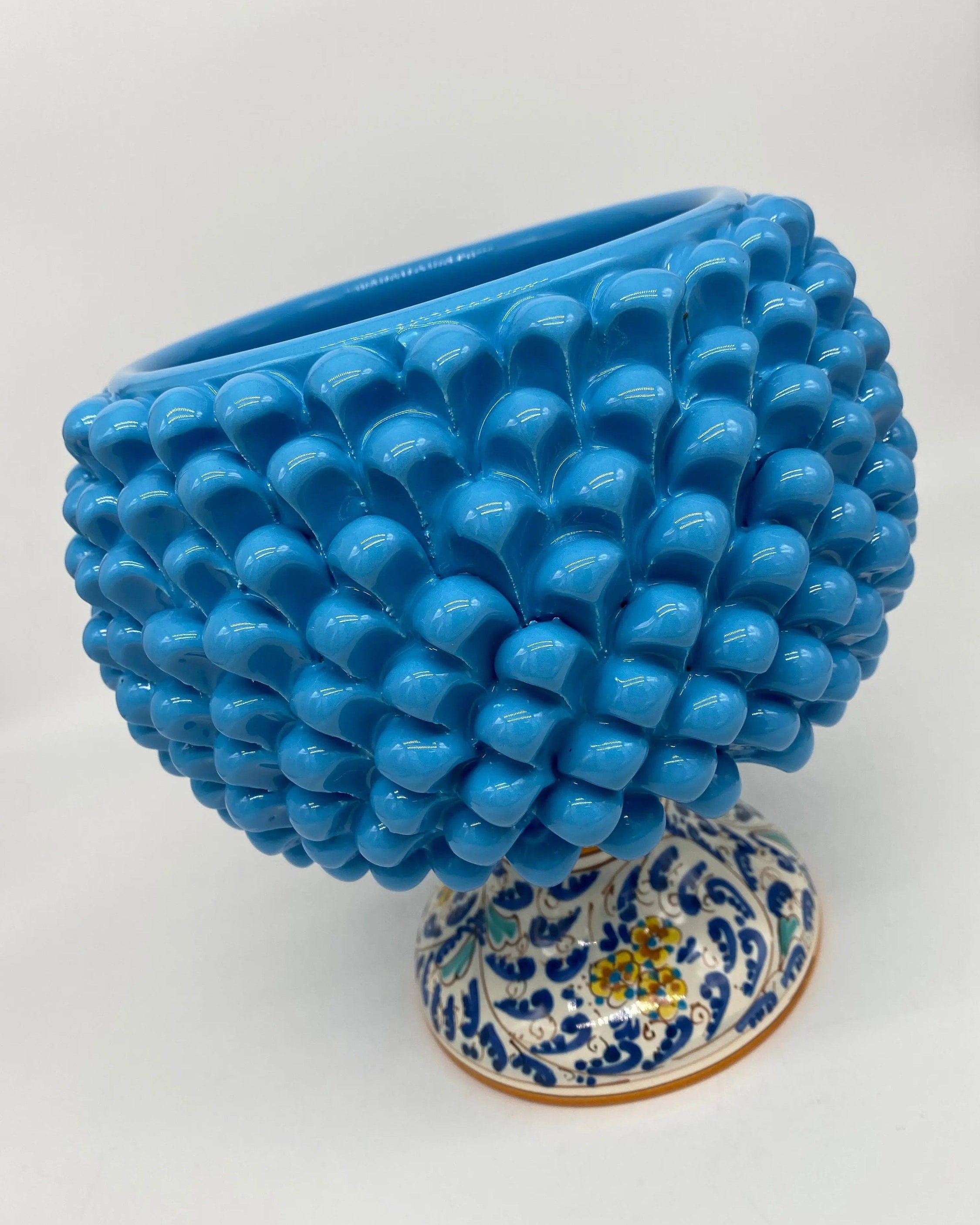 Portavaso Mezza Pigna Ceramica Caltagirone cm H.20 L.20 Artigianale Celeste Base Decorata DD CERAMICHE SICILIANE
