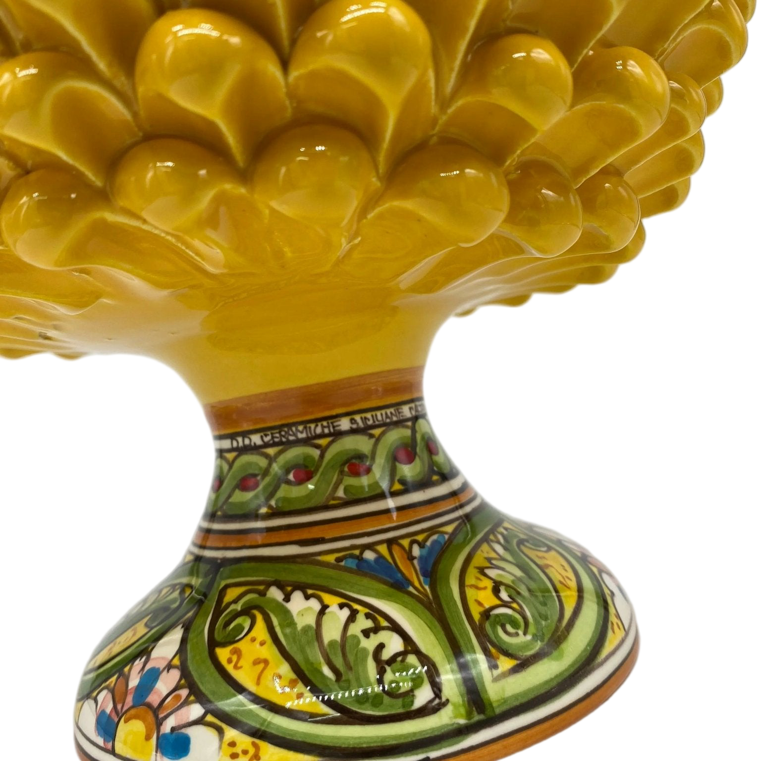 Portavaso Mezza Pigna Ceramica Caltagirone cm H.20 L.20 Artigianale Giallo Base Decorata DD CERAMICHE SICILIANE