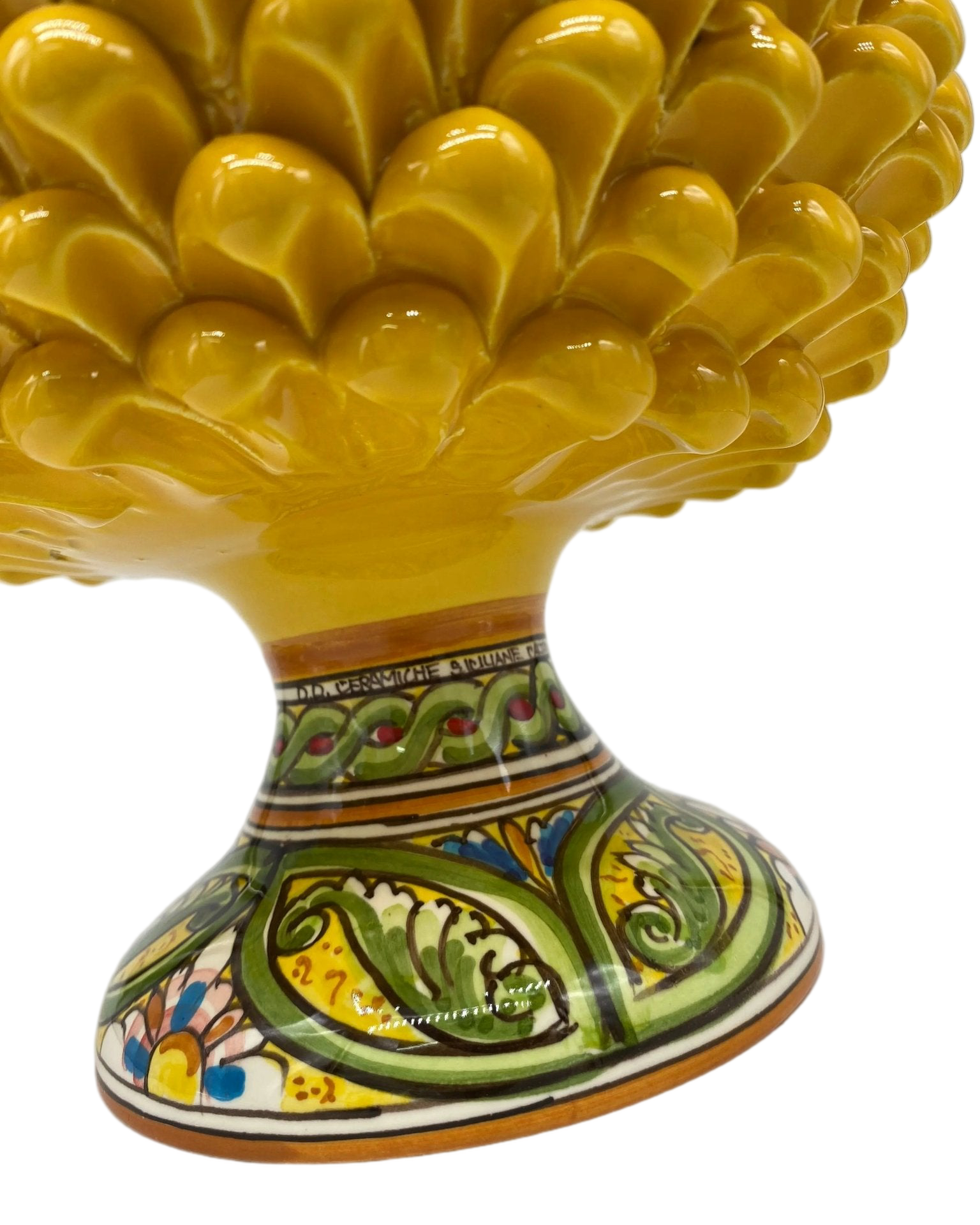 Portavaso Mezza Pigna Ceramica Caltagirone cm H.20 L.20 Artigianale Giallo Base Decorata DD CERAMICHE SICILIANE