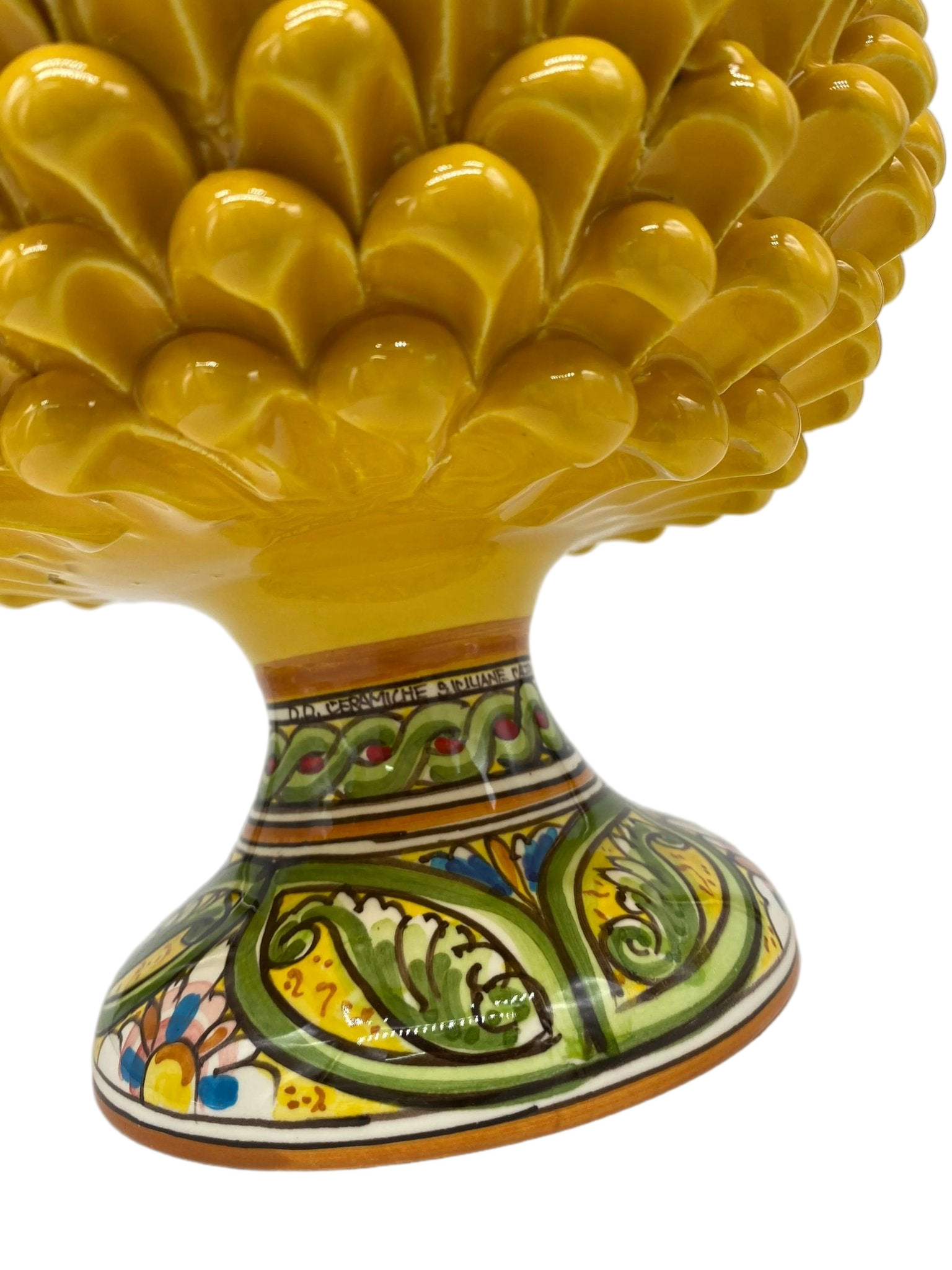 Portavaso Mezza Pigna Ceramica Caltagirone cm H.20 L.20 Artigianale Giallo Base Decorata DD CERAMICHE SICILIANE