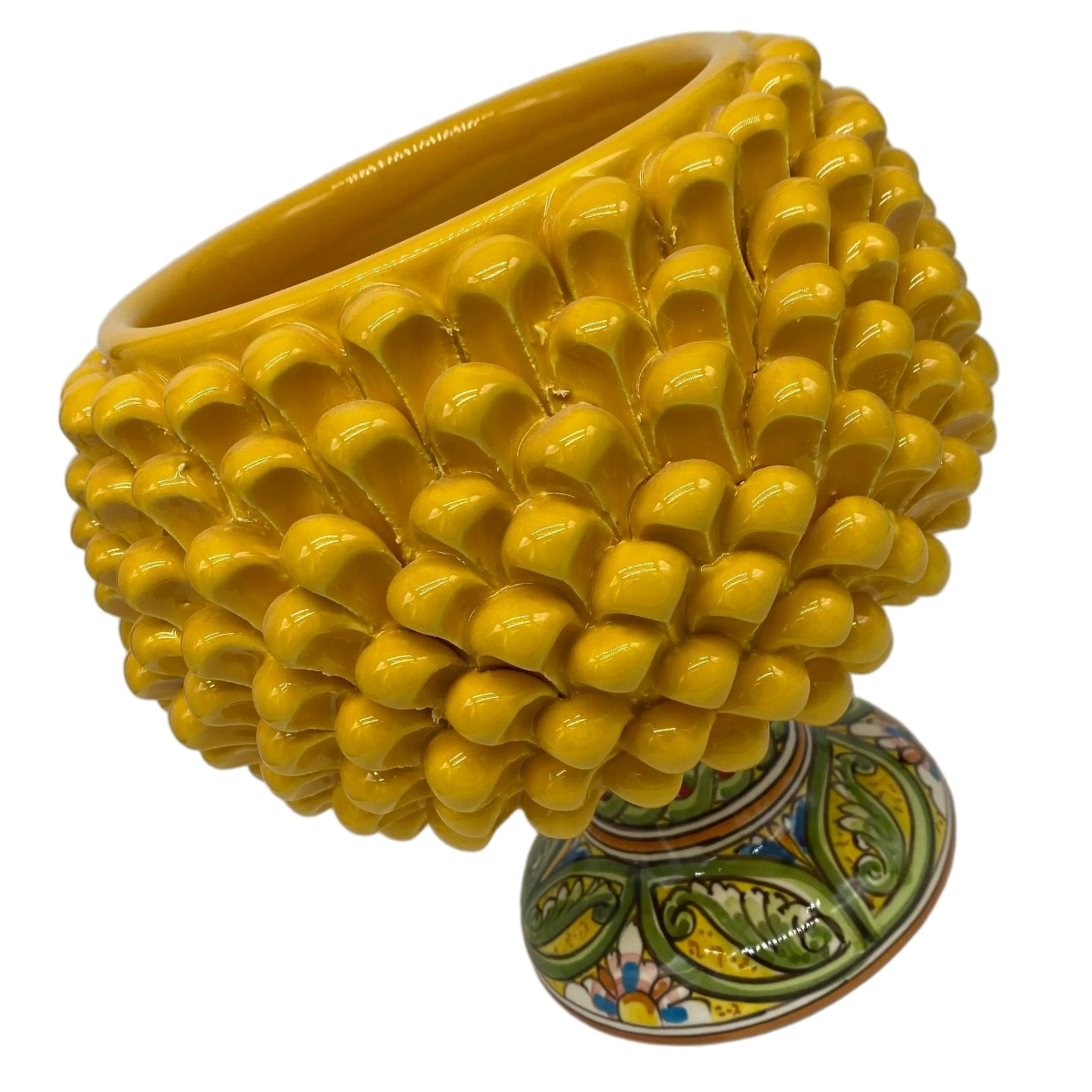 Portavaso Mezza Pigna Ceramica Caltagirone cm H.20 L.20 Artigianale Giallo Base Decorata DD CERAMICHE SICILIANE