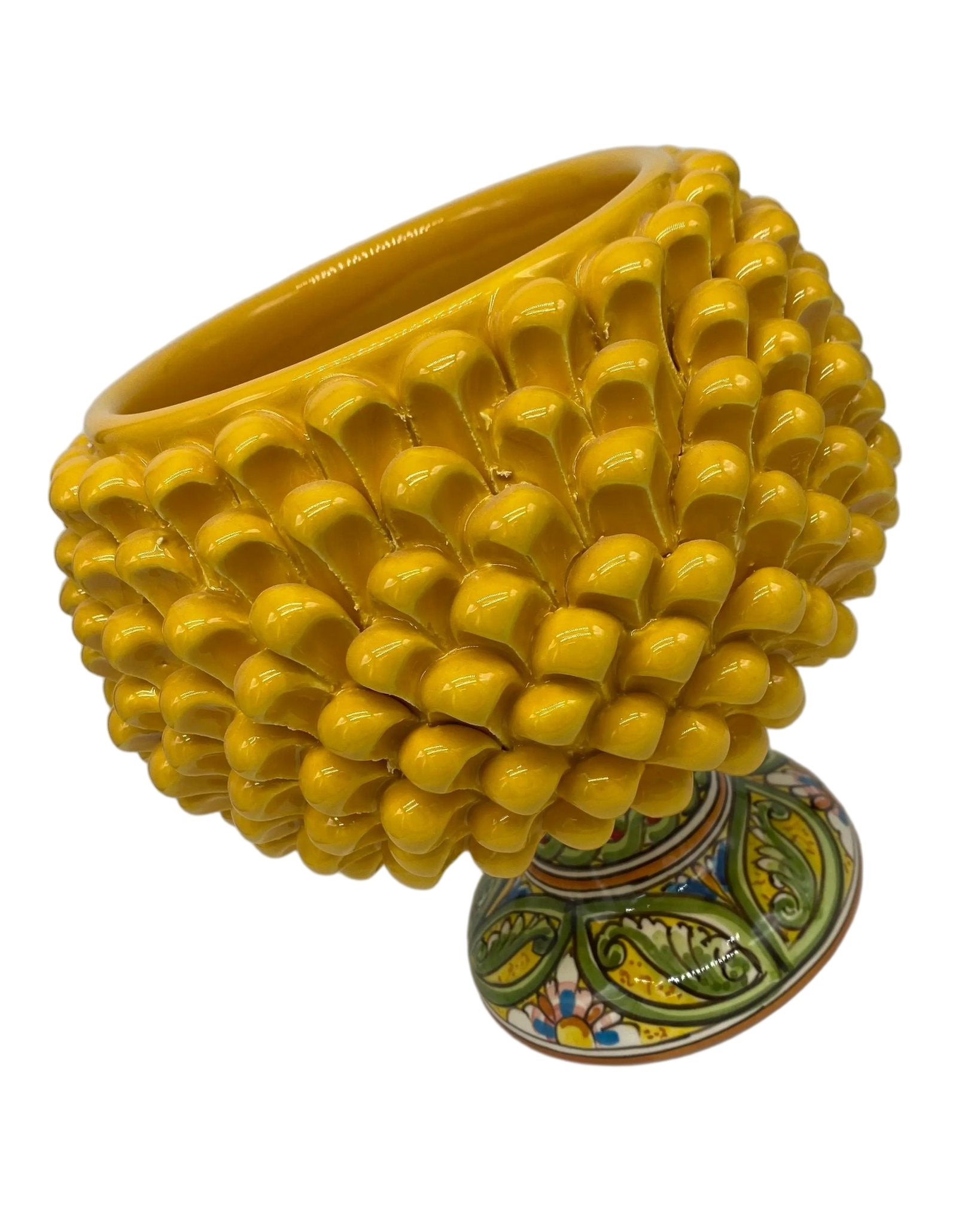 Portavaso Mezza Pigna Ceramica Caltagirone cm H.20 L.20 Artigianale Giallo Base Decorata DD CERAMICHE SICILIANE