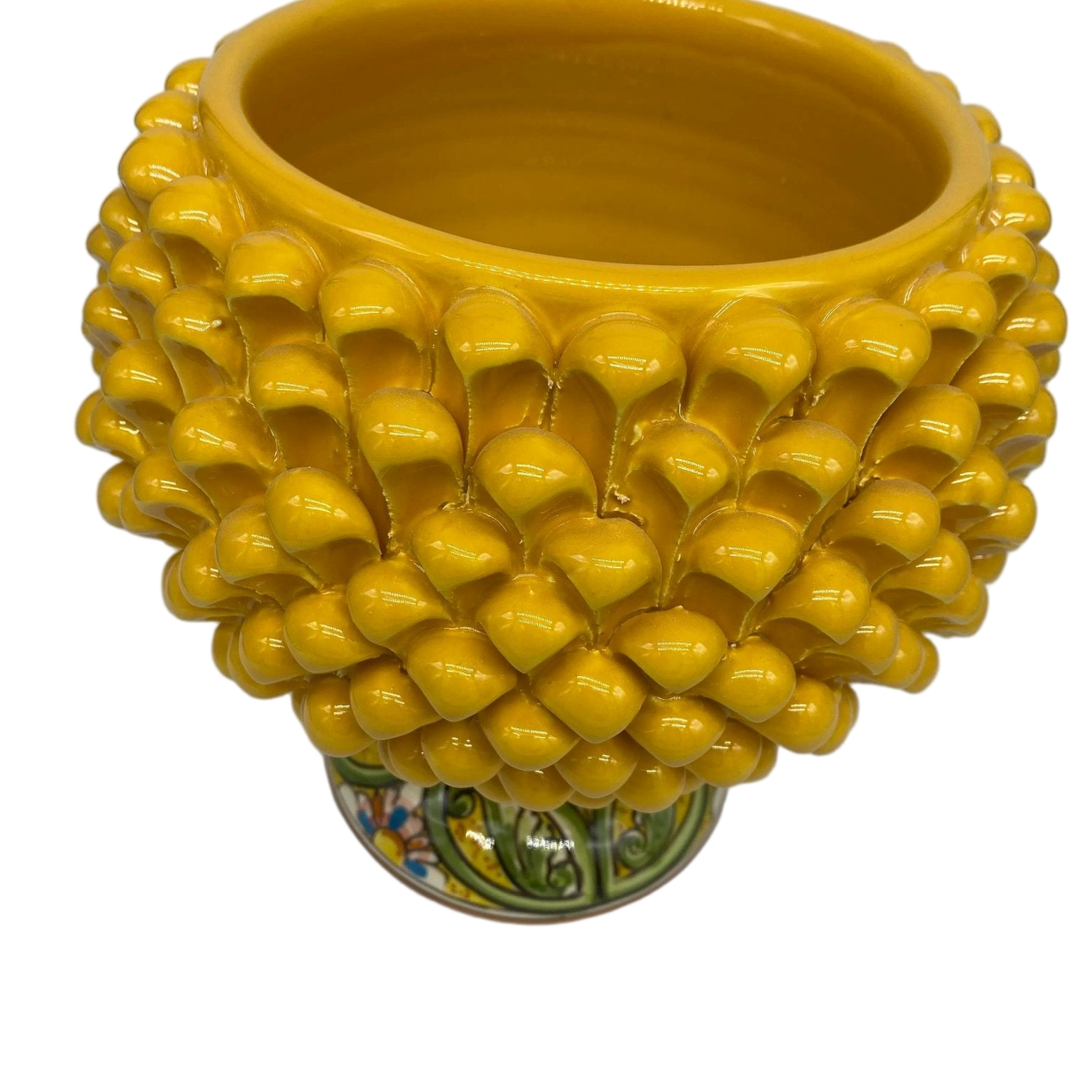Portavaso Mezza Pigna Ceramica Caltagirone cm H.20 L.20 Artigianale Giallo Base Decorata DD CERAMICHE SICILIANE