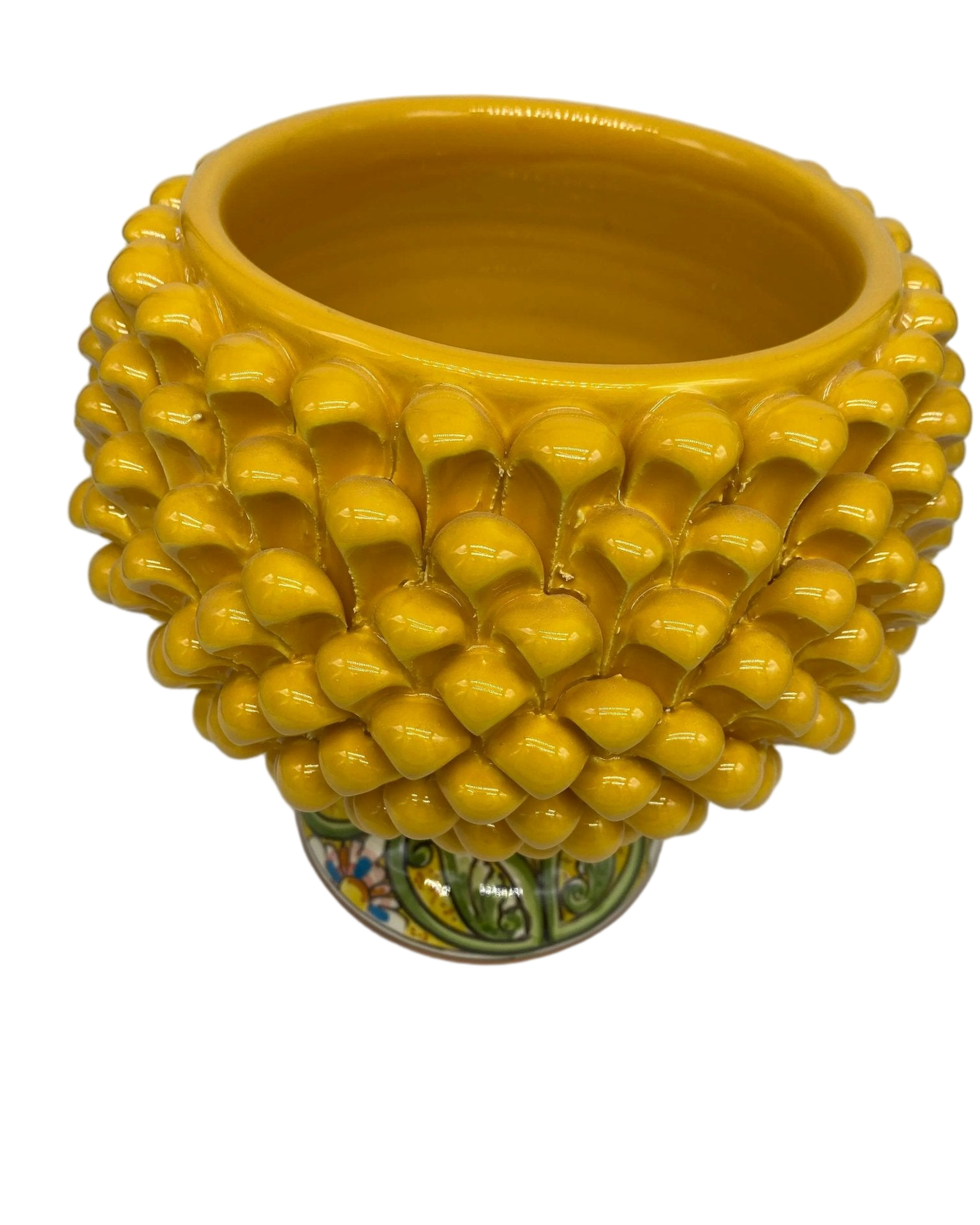 Portavaso Mezza Pigna Ceramica Caltagirone cm H.20 L.20 Artigianale Giallo Base Decorata DD CERAMICHE SICILIANE