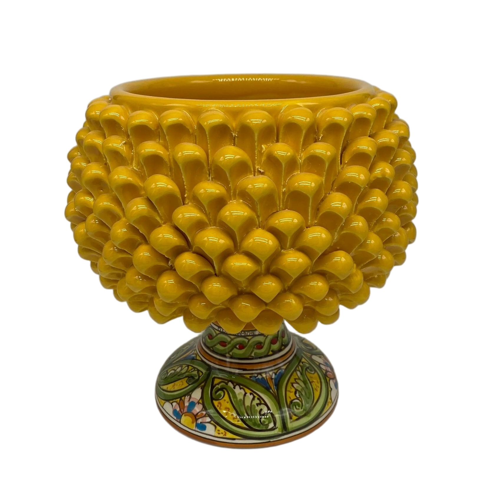Portavaso Mezza Pigna Ceramica Caltagirone cm H.20 L.20 Artigianale Giallo Base Decorata DD CERAMICHE SICILIANE