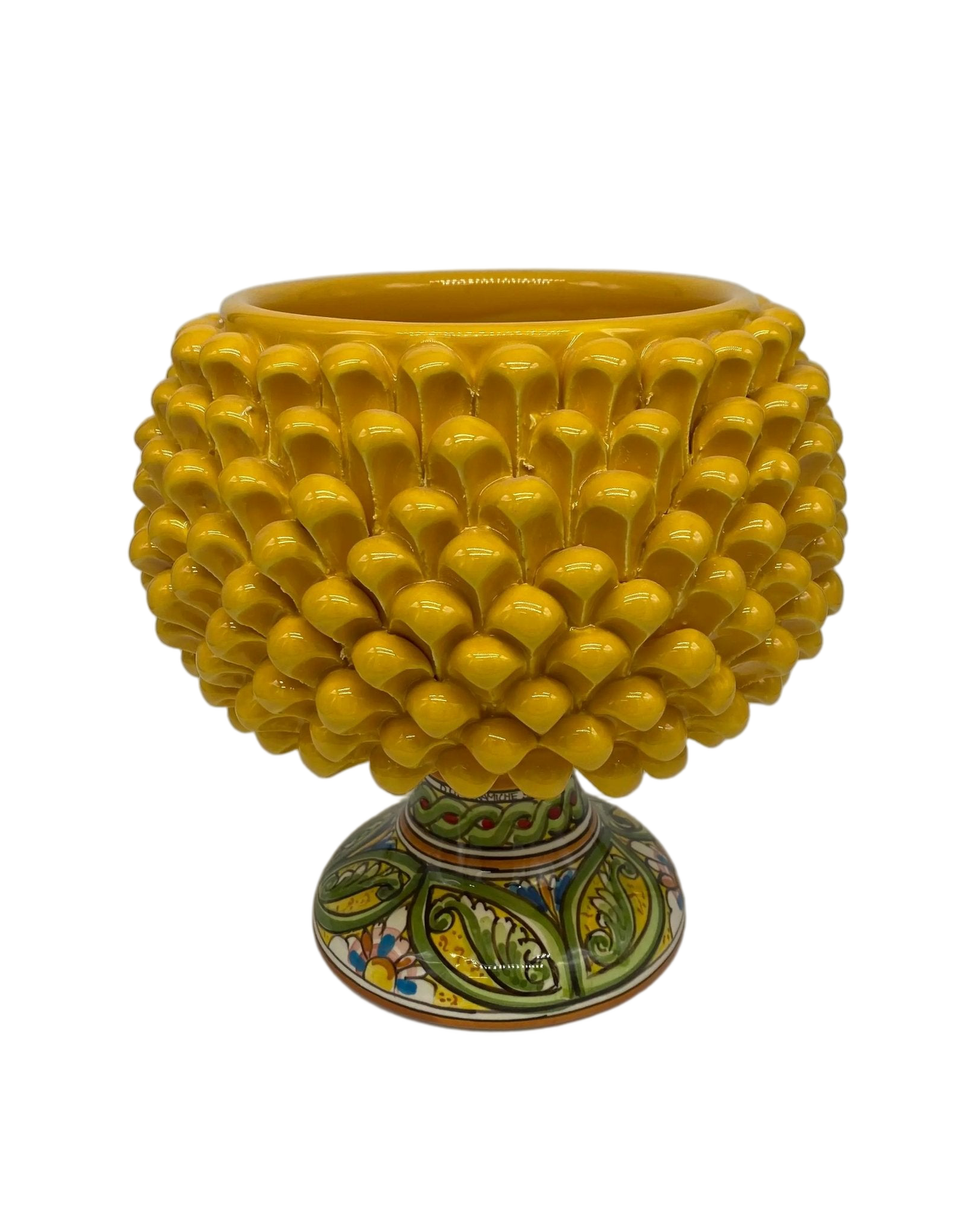 Portavaso Mezza Pigna Ceramica Caltagirone cm H.20 L.20 Artigianale Giallo Base Decorata DD CERAMICHE SICILIANE