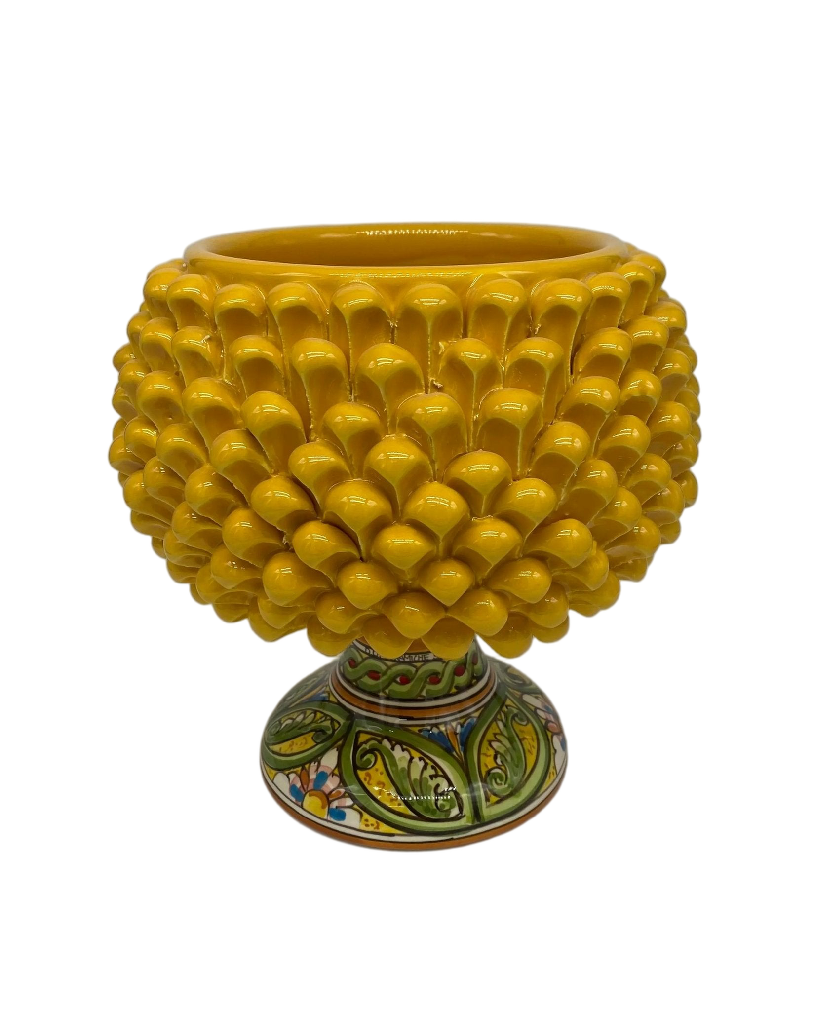 Portavaso Mezza Pigna Ceramica Caltagirone cm H.20 L.20 Artigianale Giallo Base Decorata DD CERAMICHE SICILIANE